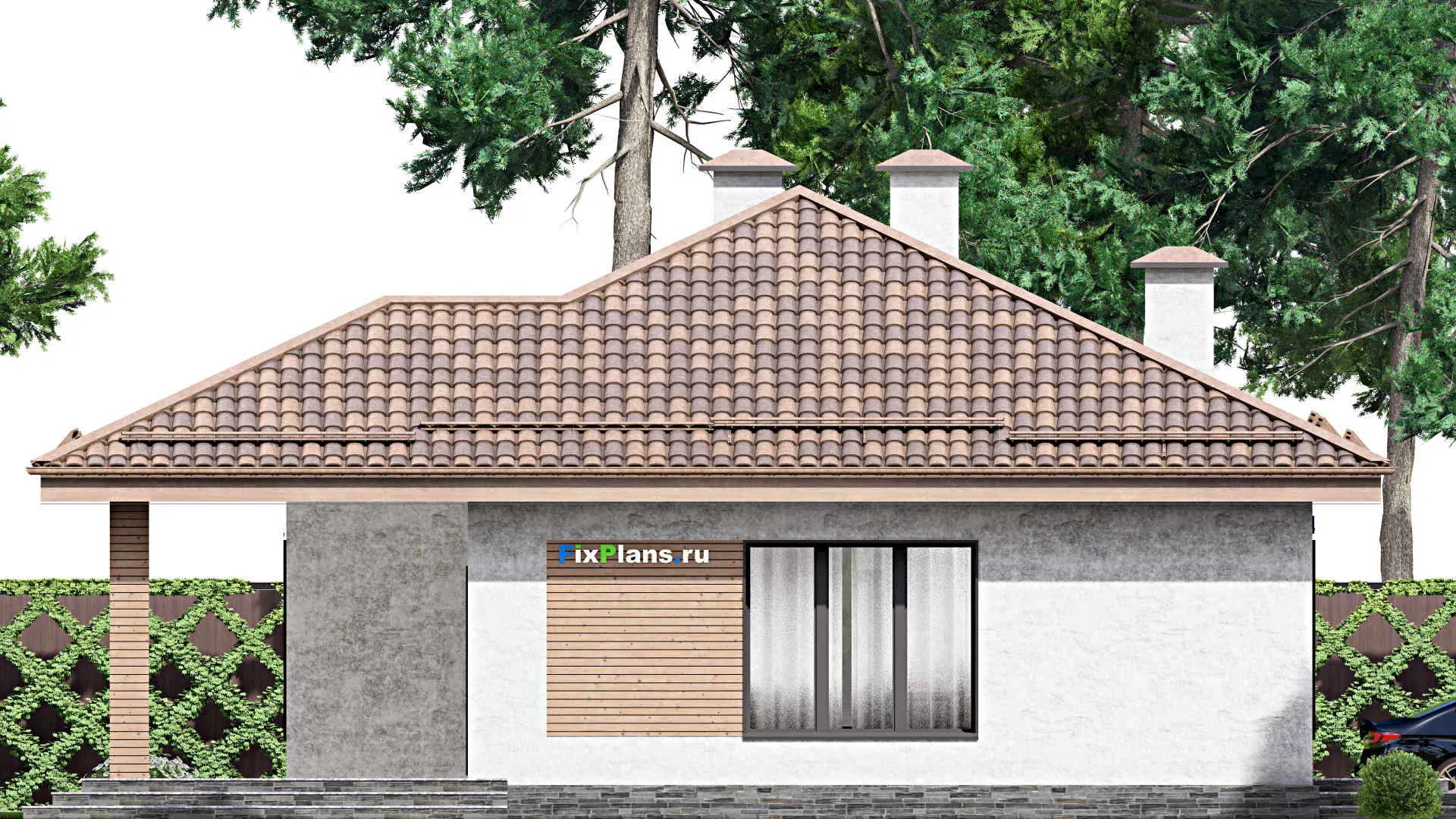 F-12572 - План одноэтажного дома 13 на 14, площадью 180 м² с террасой, гаражом на 2 машины и 2 спальнями