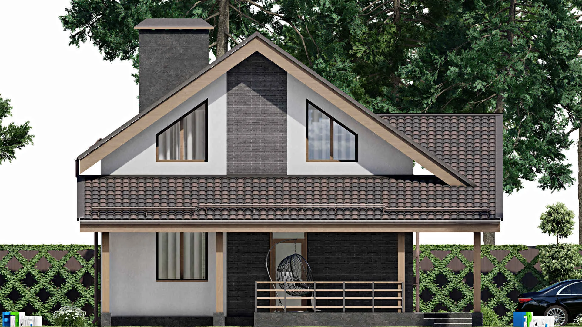 F-5669 - Проект дома с мансардой 9 на 11, площадью 220 м² с террасой, цокольным этажом и 3 спальнями