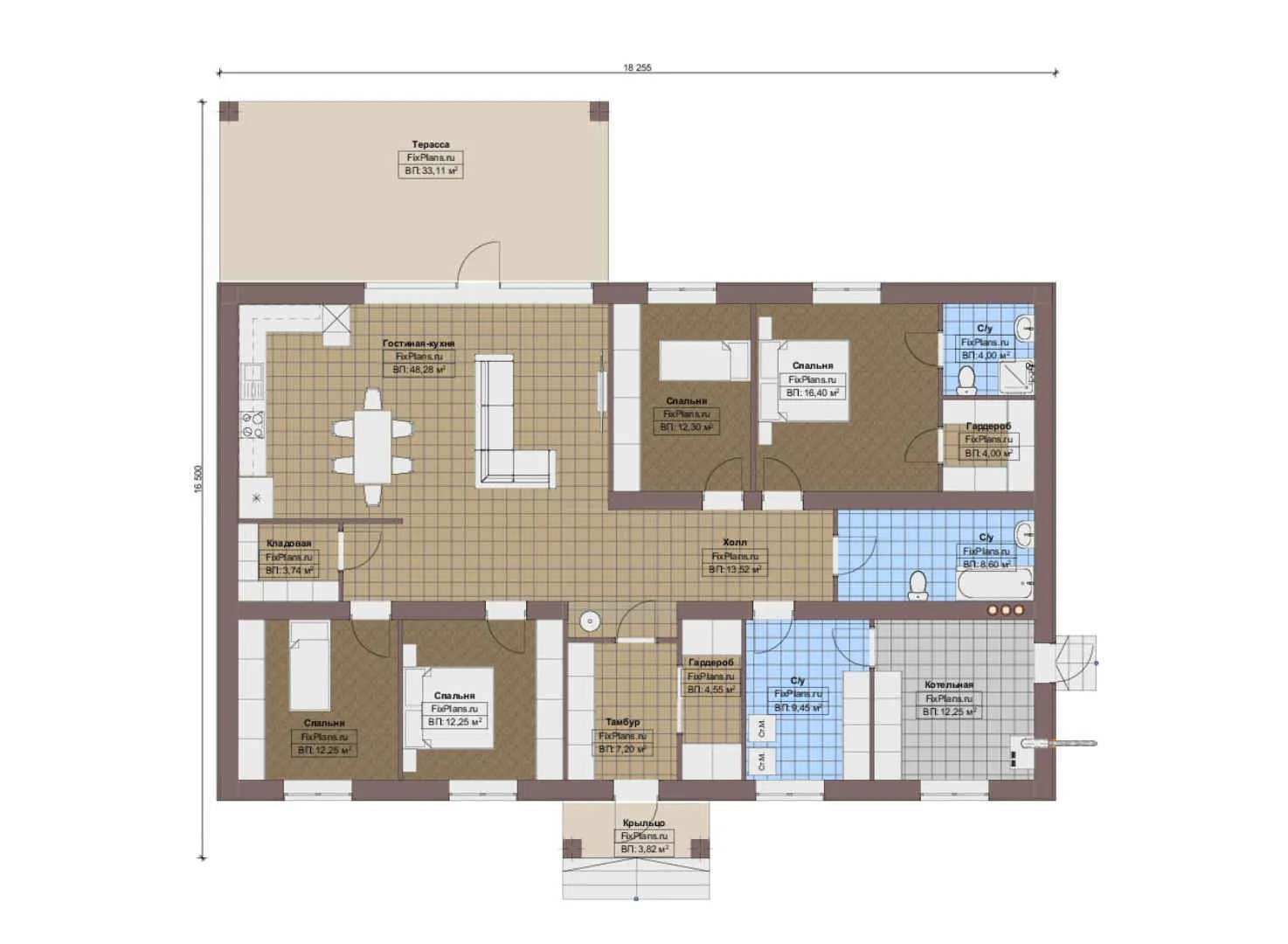 F-12833 - План одноэтажного дома 17 на 19, площадью 210 м² с террасой и 4 спальнями
