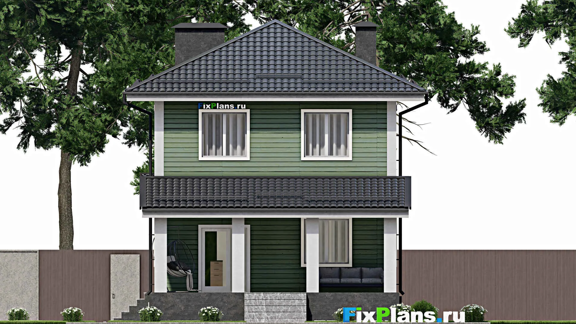 F-5336 - Проект двухэтажного дома 8 на 12, площадью 210 м² с террасой, цокольным этажом и 3 спальнями