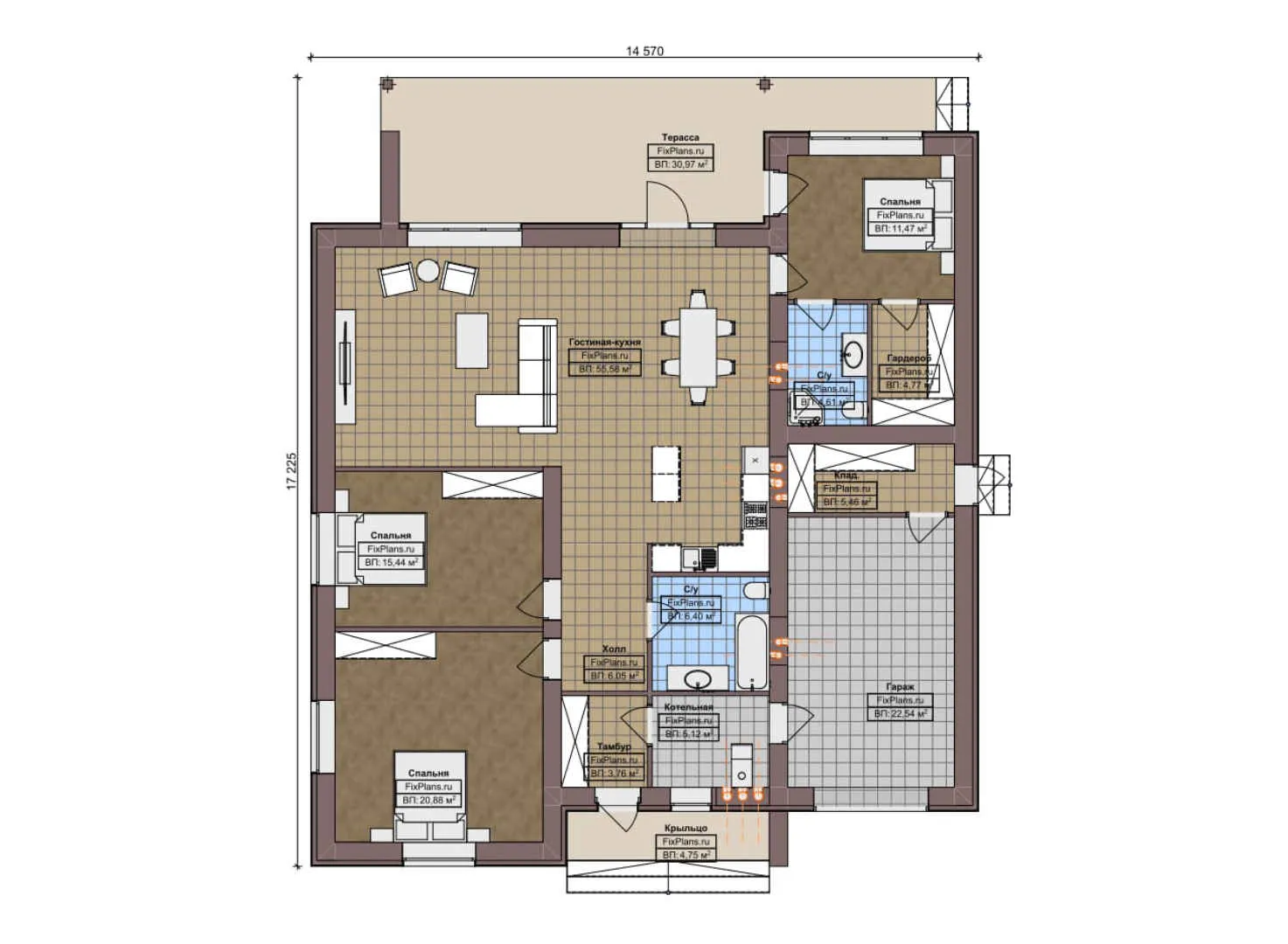 F-8540 - План одноэтажного дома 13 на 15, площадью 200 м² с террасой, гаражом на 1 машину и 3 спальнями