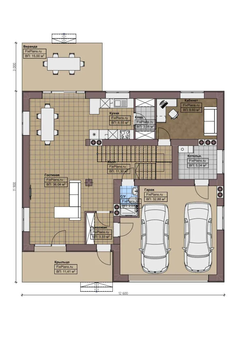 F-0530 - Планы двухэтажного дома 12 на 13, площадью 220 м² с террасой, гаражом на 1 машину и 4 спальнями