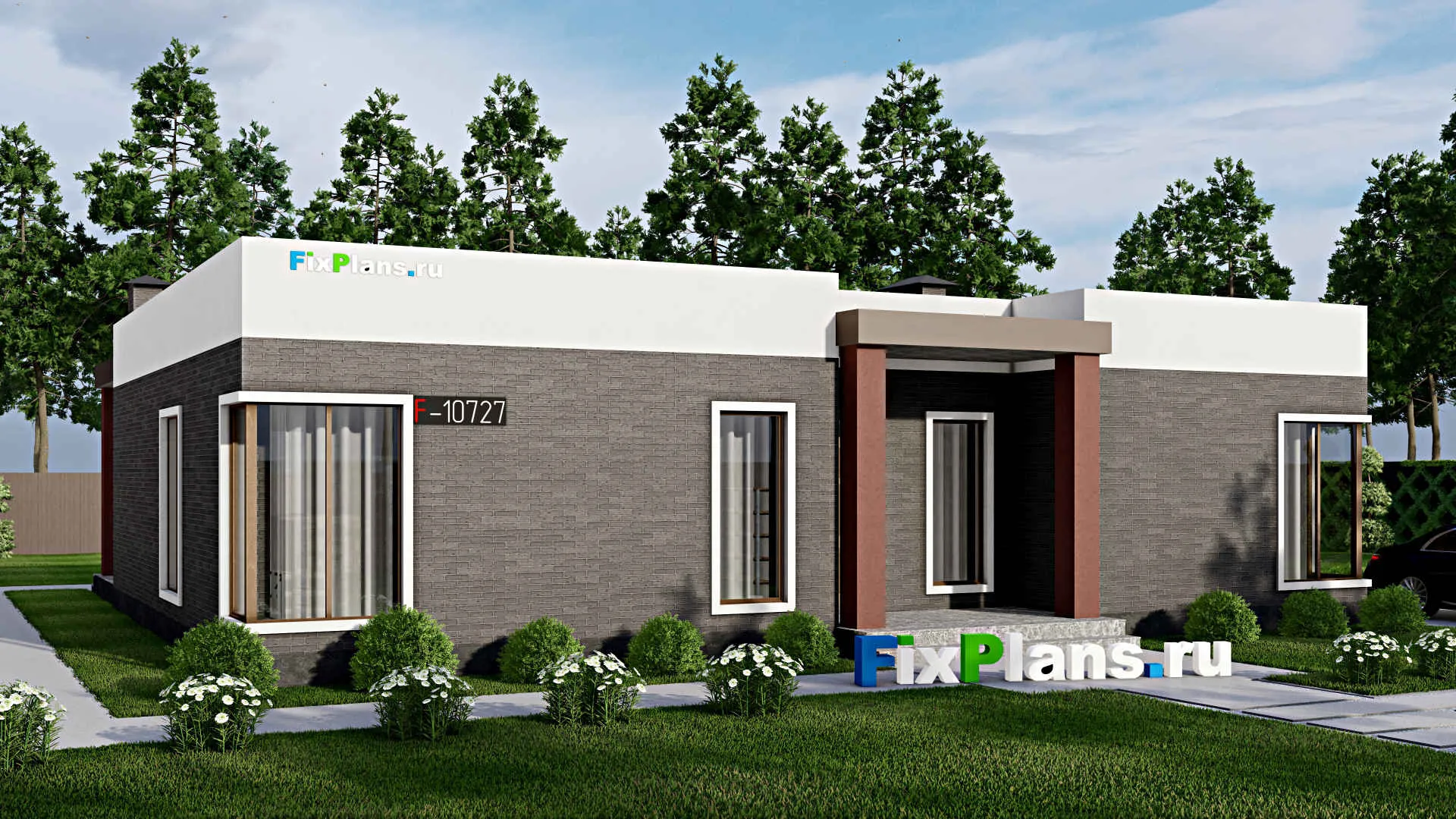 F-10727 - Проект одноэтажного дома 15 на 16, площадью 180 м² с террасой и 3 спальнями