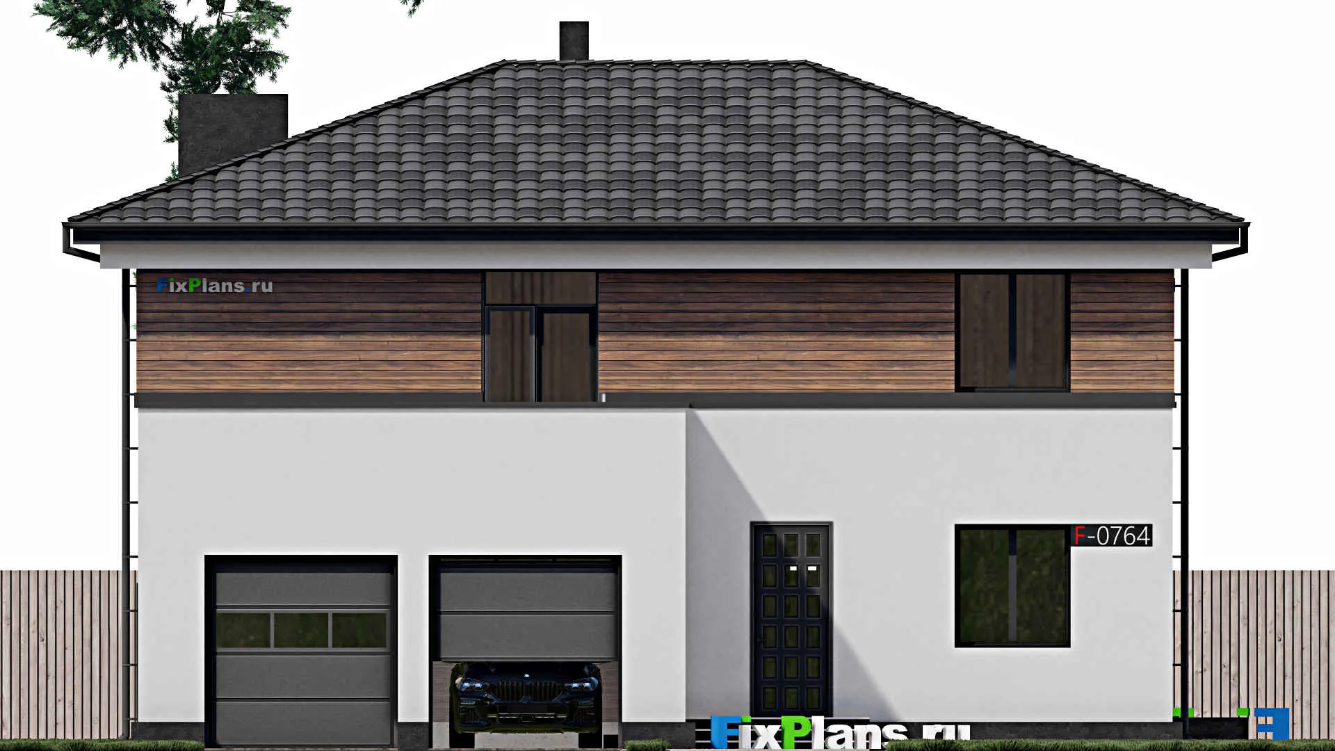 F-0764 - Проект двухэтажного дома 14 на 16, площадью 290 м² с террасой, балконом, гаражом на 2 машины и 2 спальнями