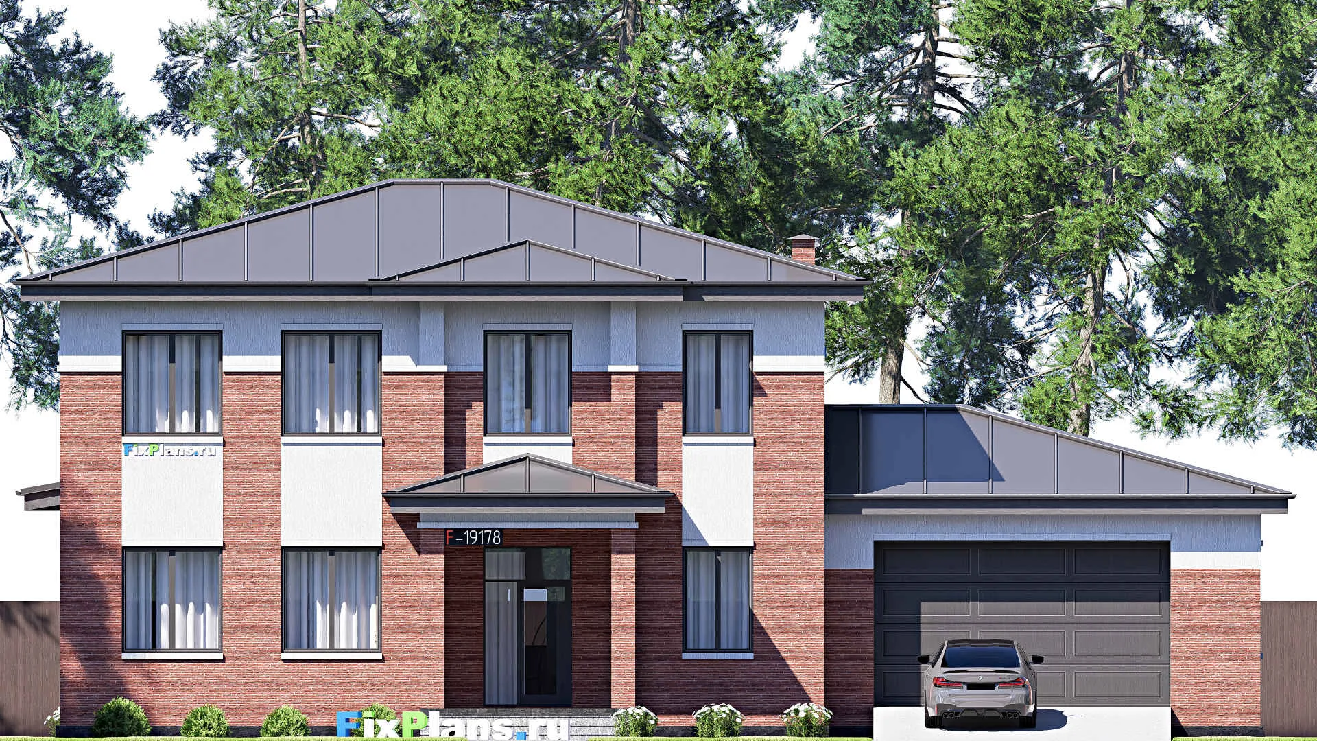 F-19178 - Проект двухэтажного дома 18 на 21, площадью 320 м² с гаражом на 2 машины и 4 спальнями