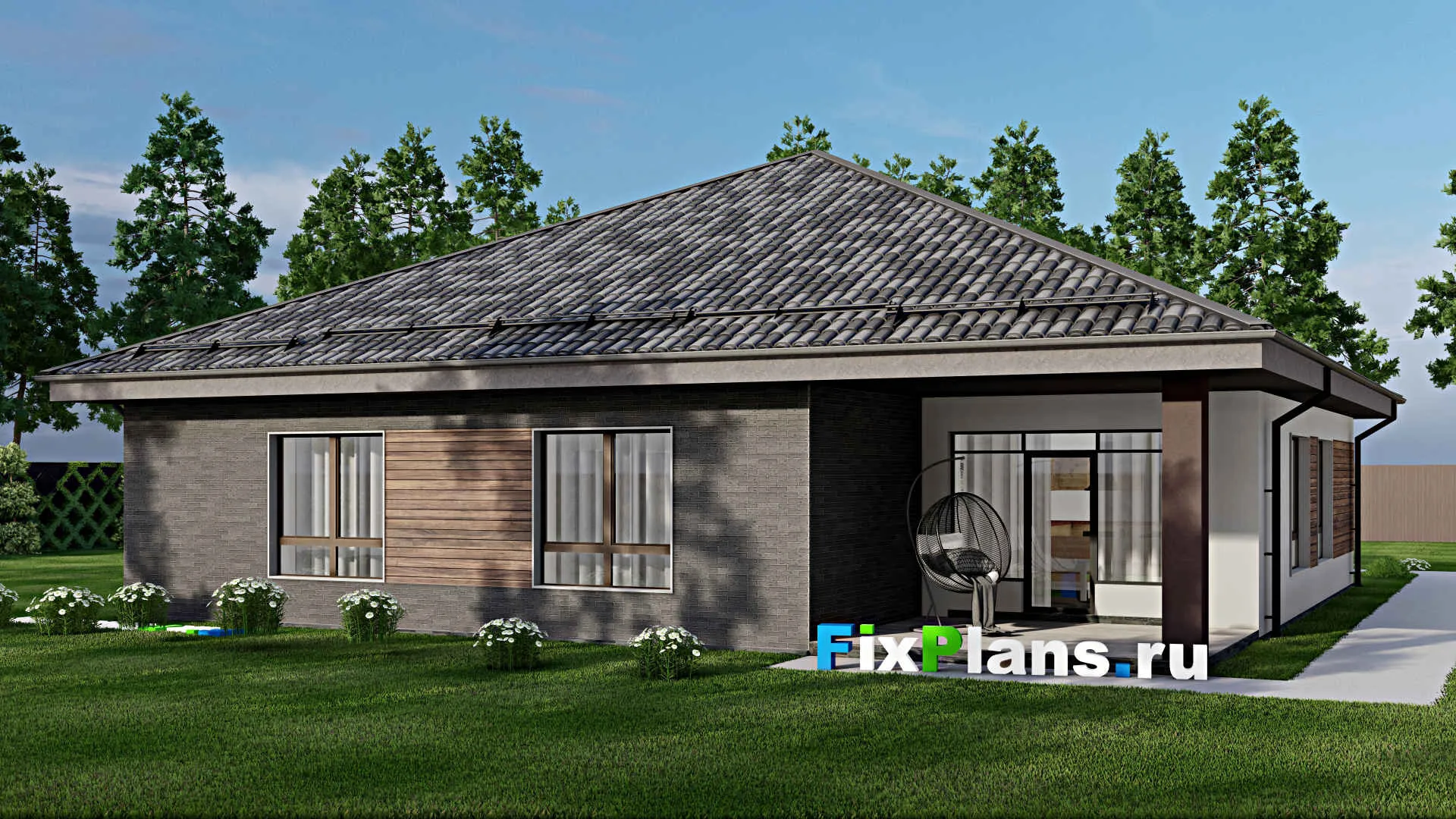 F-6344 - План одноэтажного дома 16 на 18, площадью 210 м² с террасой, гаражом на 2 машины и 3 спальнями