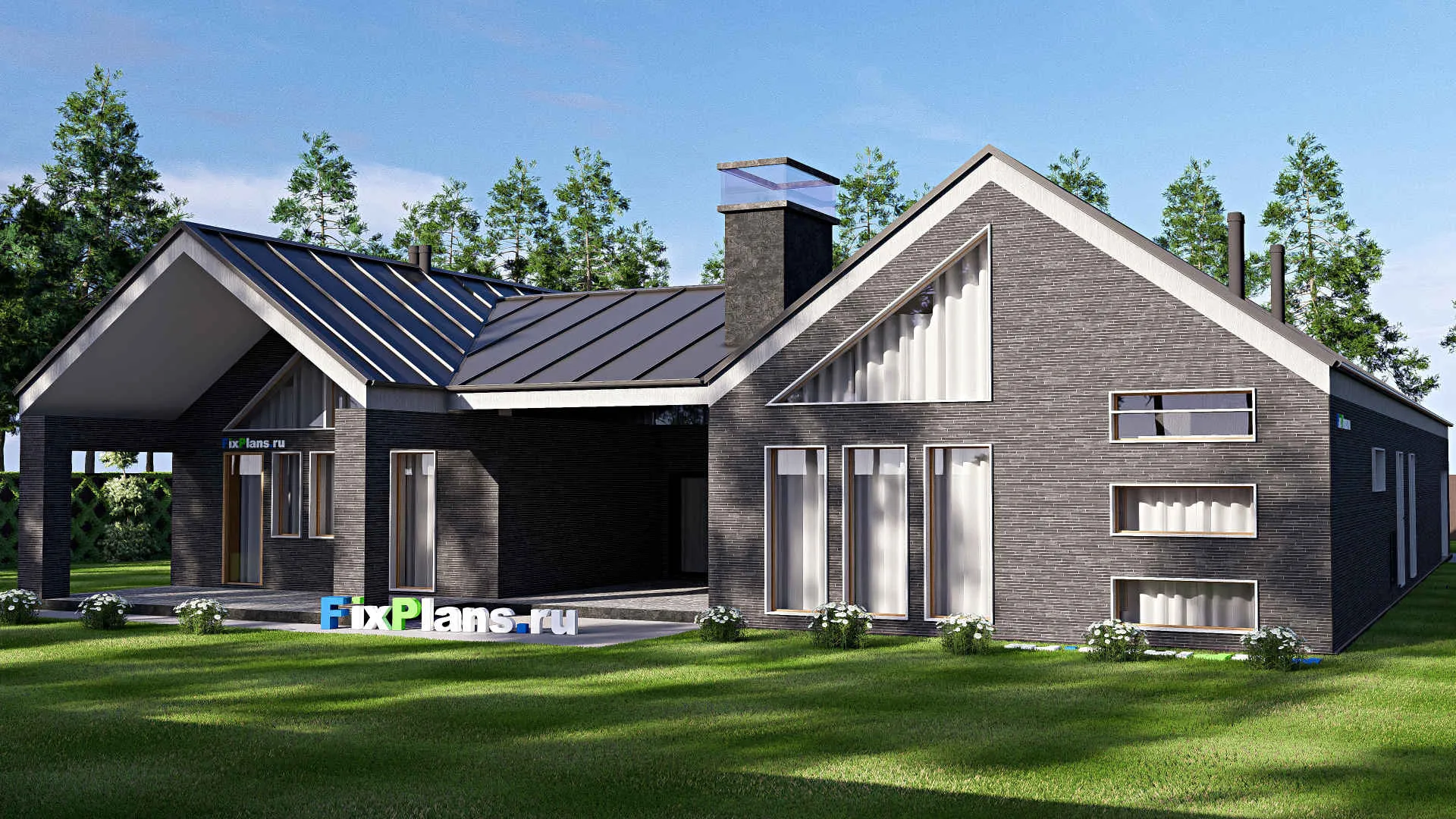 F-20582 - Проект одноэтажного дома 23 на 32, площадью 410 м² с террасой, гаражом на 2 машины и 3 спальнями