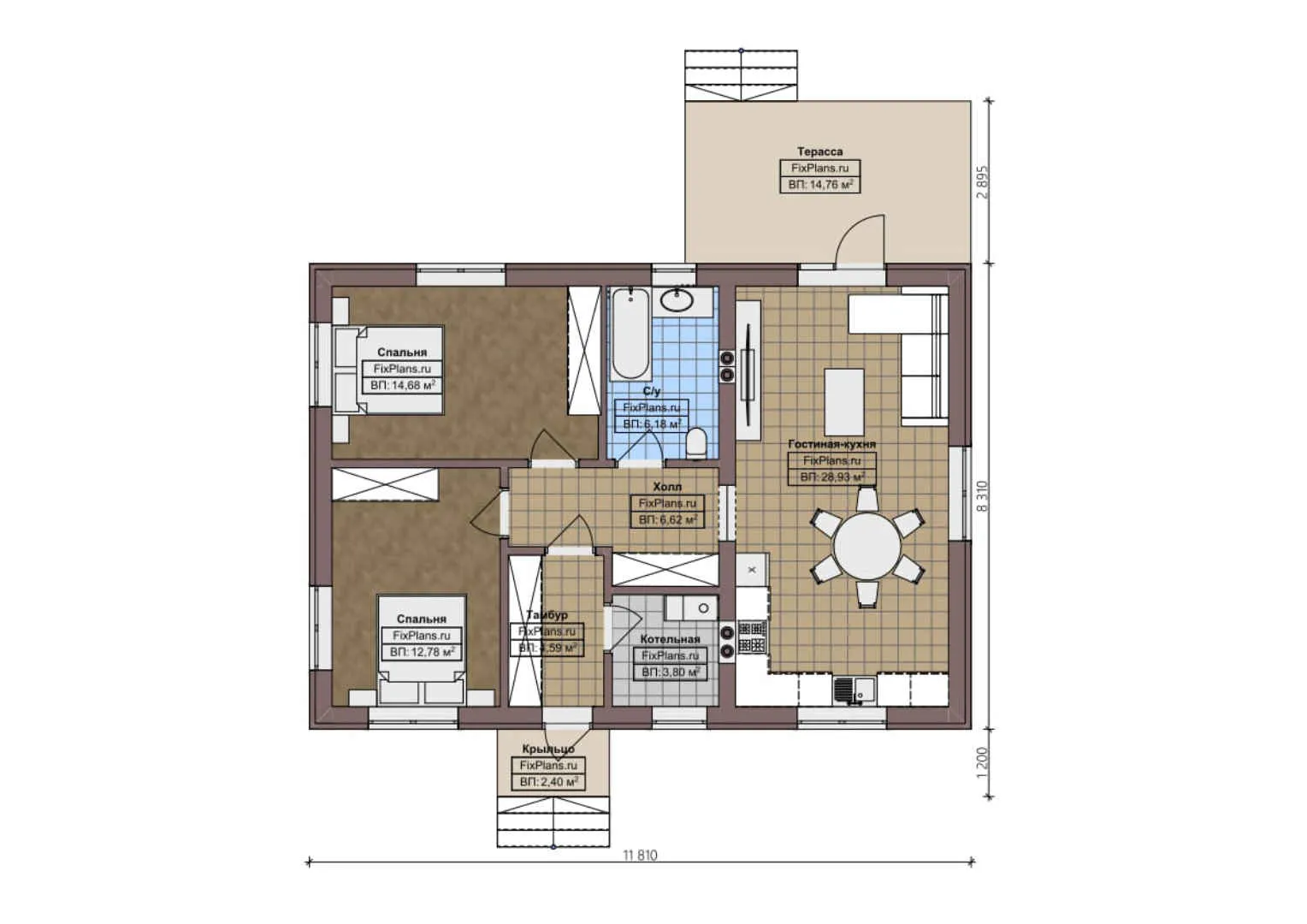 F-3005 - План одноэтажного дома 9 на 12, площадью 100 м² с террасой и 2 спальнями