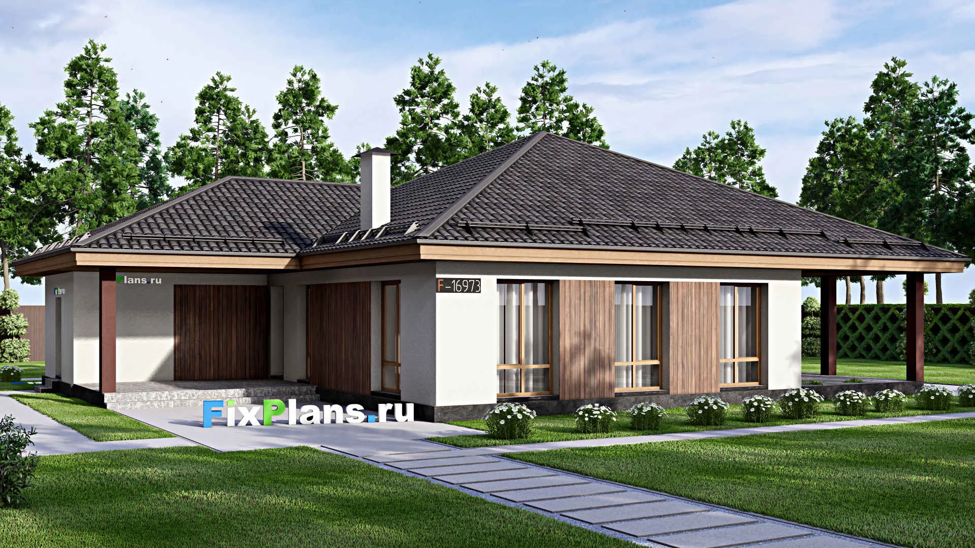 F-16973 - Проект одноэтажного дома 15 на 20, площадью 200 м² с террасой и 3 спальнями