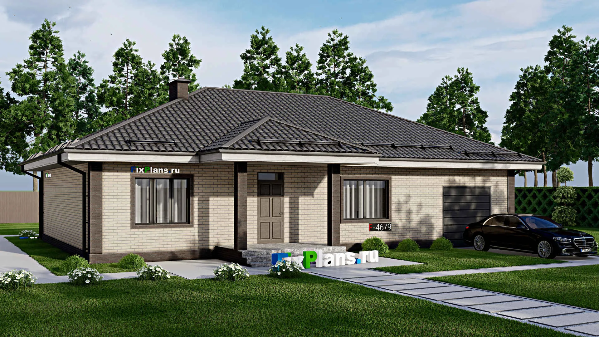 F-4679 - Проект одноэтажного дома 12 на 17, площадью 160 м² с гаражом на 1 машину и 2 спальнями