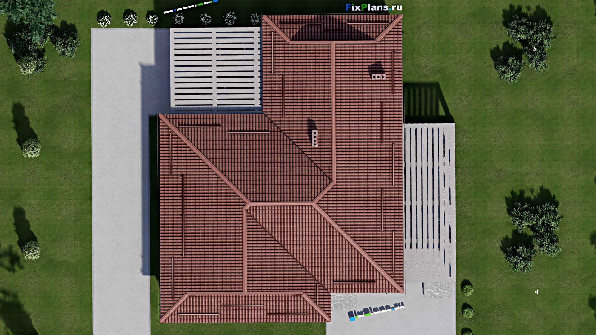 F-2204 - План одноэтажного дома 16 на 21, площадью 280 м² с террасой, гаражом на 2 машины и 3 спальнями