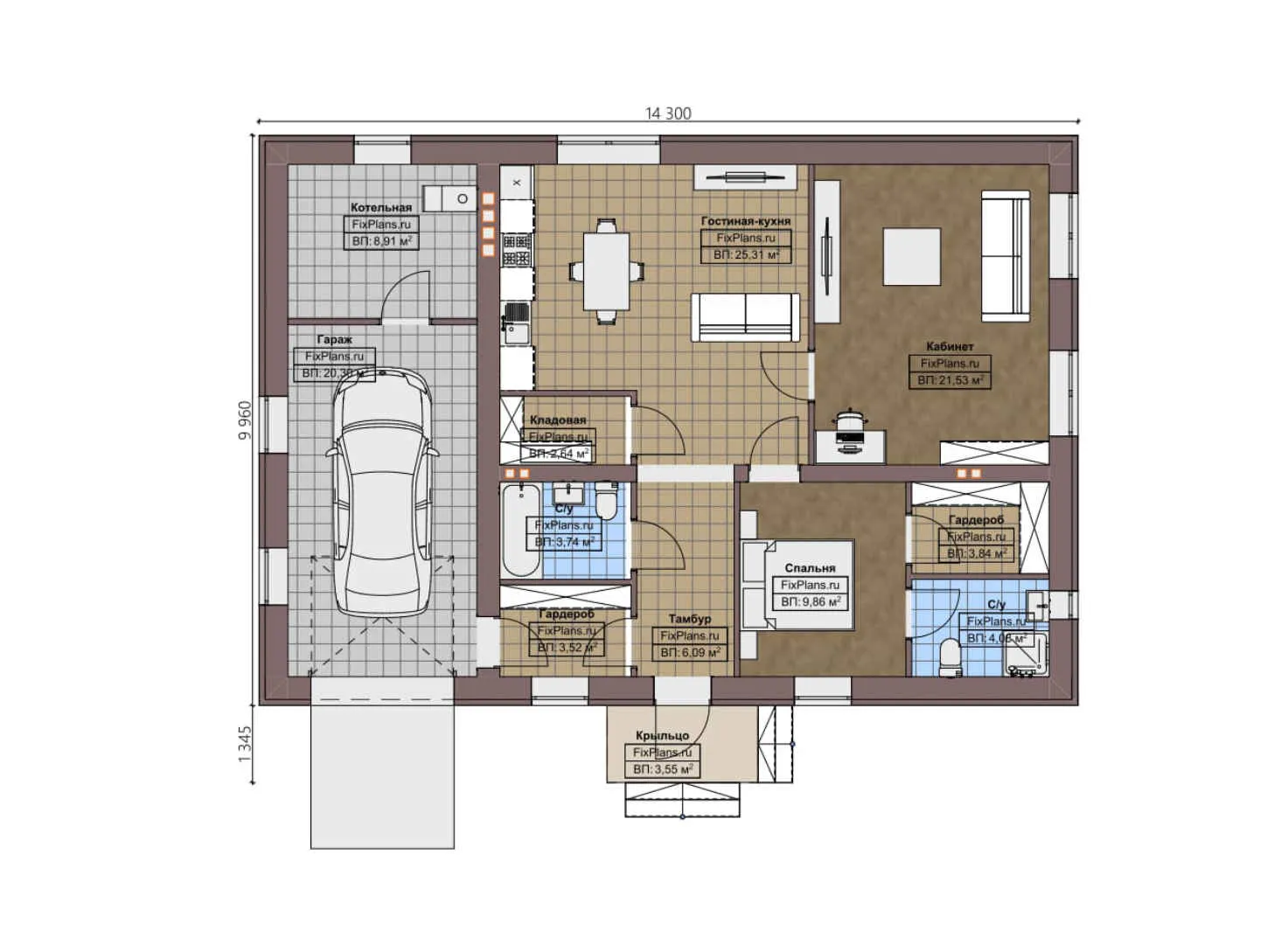 F-3905 - План одноэтажного дома 10 на 15, площадью 120 м² с гаражом на 1 машину и 1 спальнями