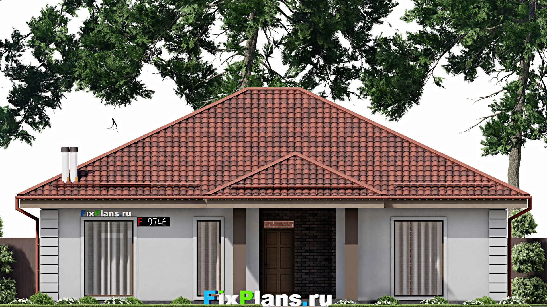 F-9746 - Проект одноэтажного дома 14 на 15, площадью 150 м² с террасой и 3 спальнями