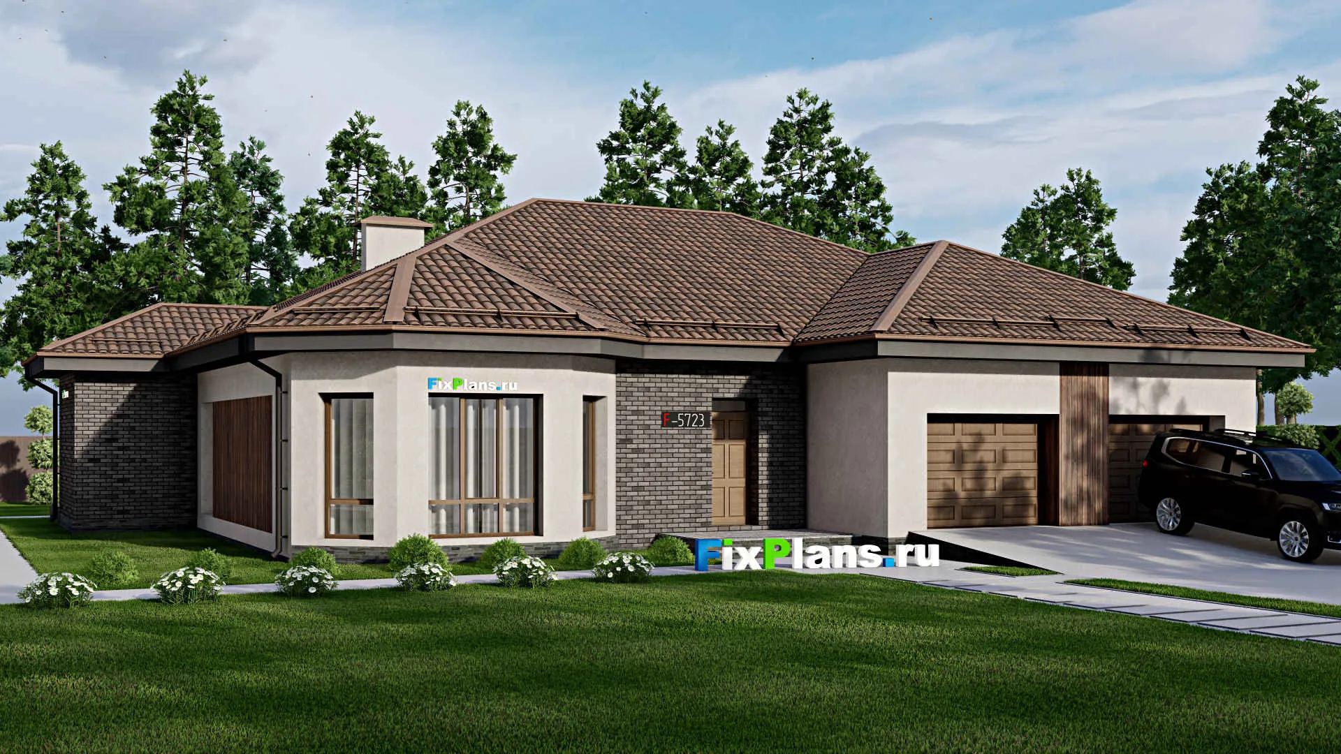 F-5723 - Проект одноэтажного дома 20 на 22, площадью 270 м² с террасой, гаражом на 2 машины и 3 спальнями