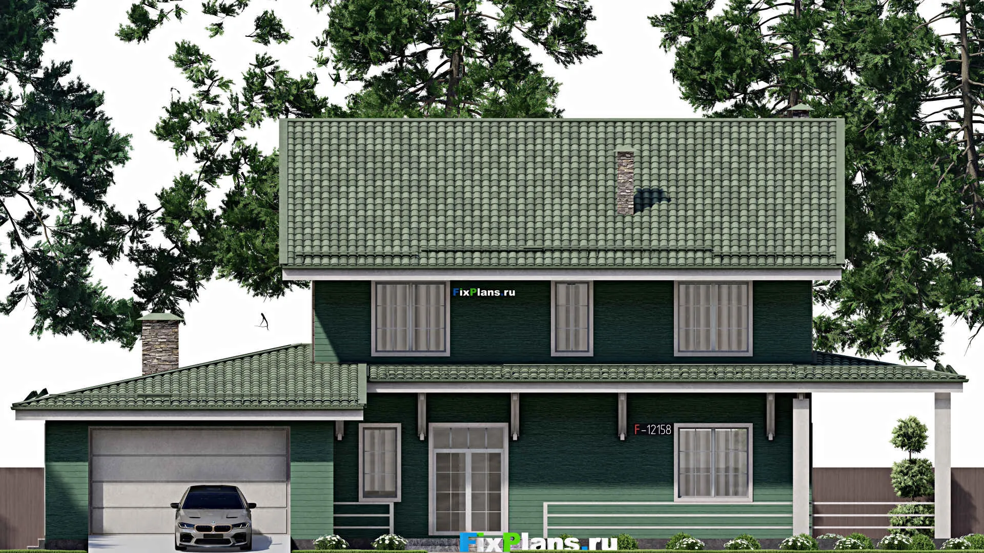 F-12158 - Проект дома с мансардой 19 на 23, площадью 400 м² с террасой, гаражом на 2 машины и 7 спальнями