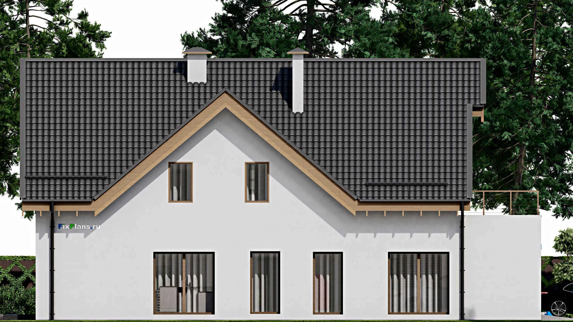 F-2924 - Планы дома с мансардой 11 на 19, площадью 240 м² с террасой, балконом, гаражом на 1 машину и 3 спальнями