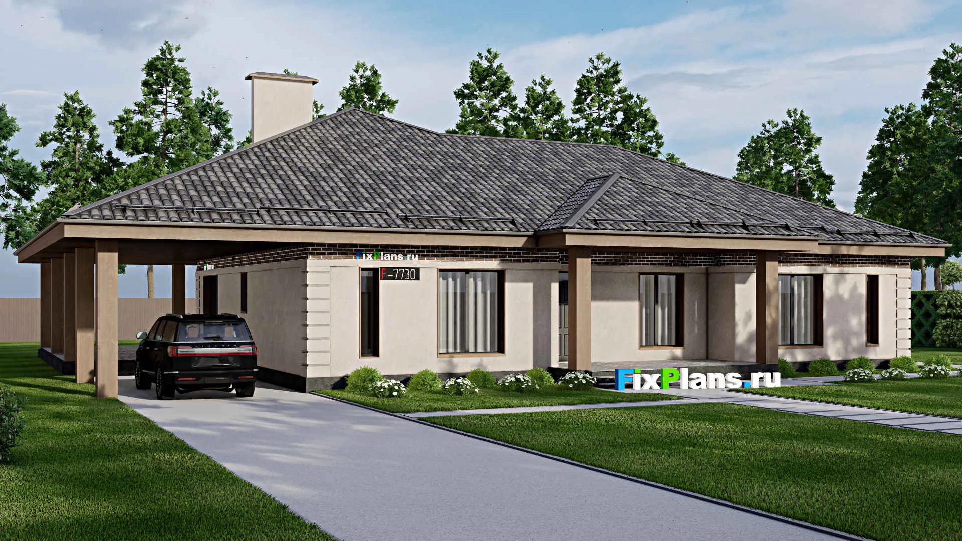 F-7730 - Проект одноэтажного дома 15 на 19, площадью 310 м² с террасой и 4 спальнями