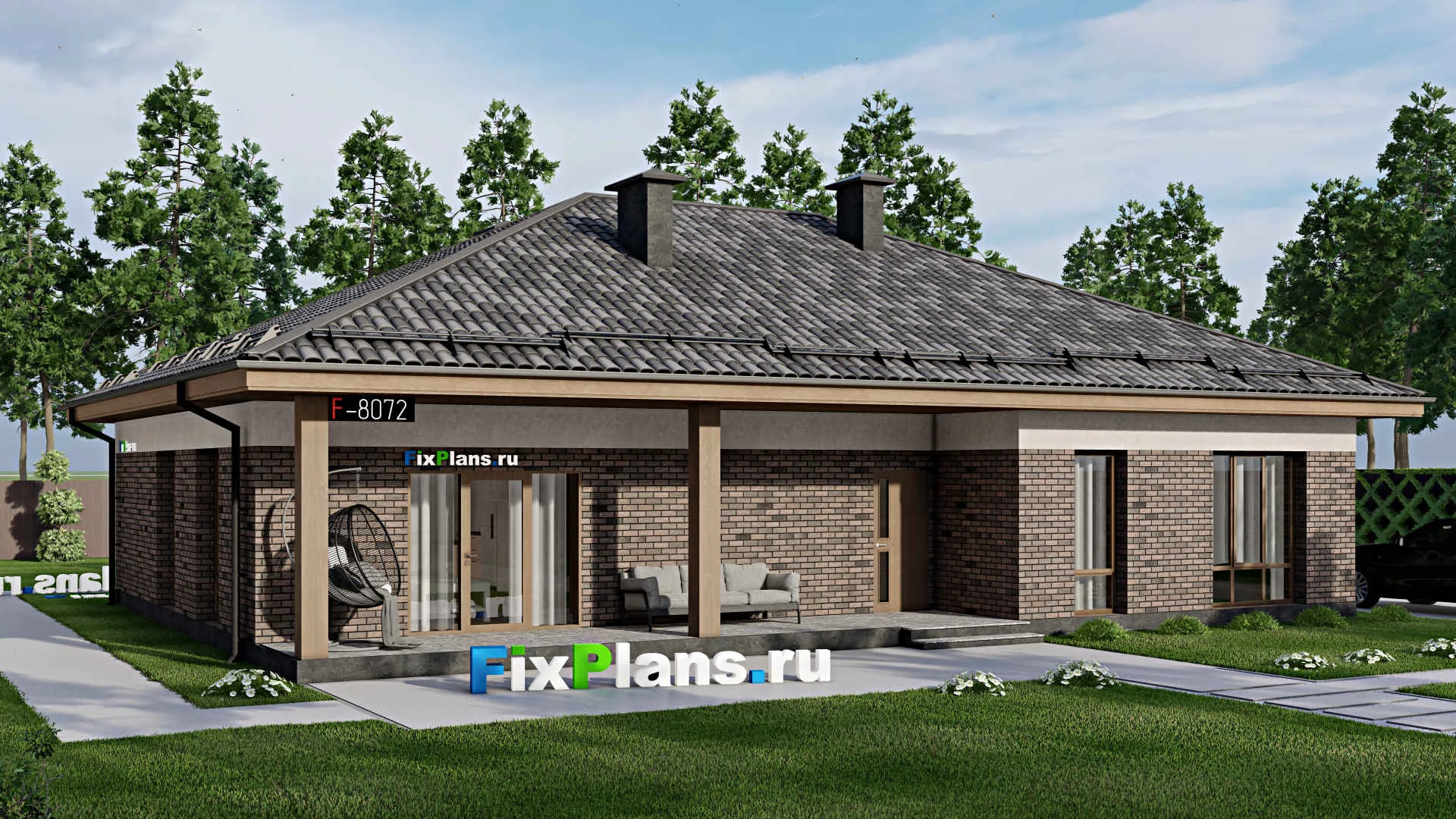 F-8072 - Проект одноэтажного дома 13 на 17, площадью 180 м² с террасой и 4 спальнями