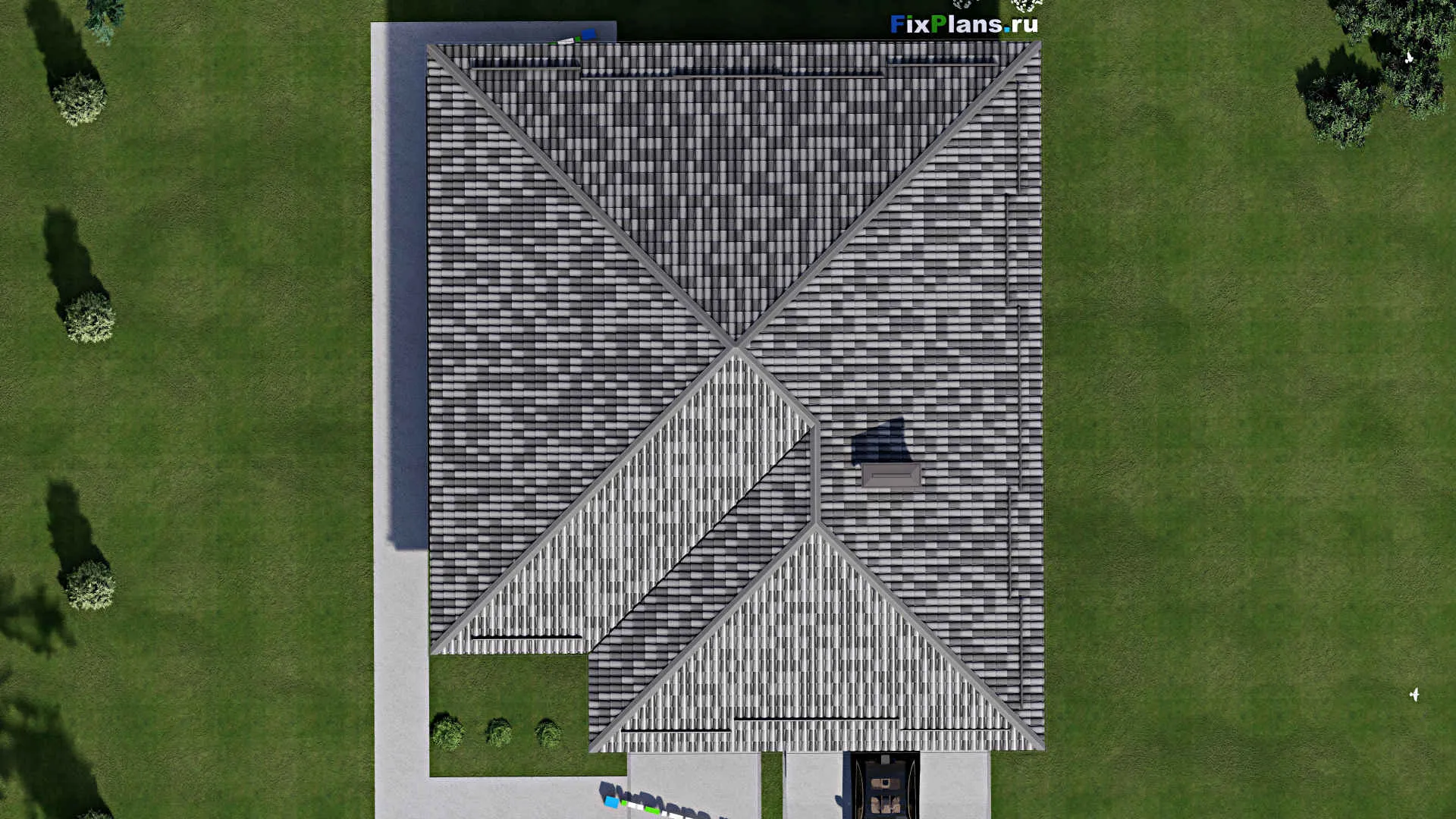F-6344 - План одноэтажного дома 16 на 18, площадью 210 м² с террасой, гаражом на 2 машины и 3 спальнями