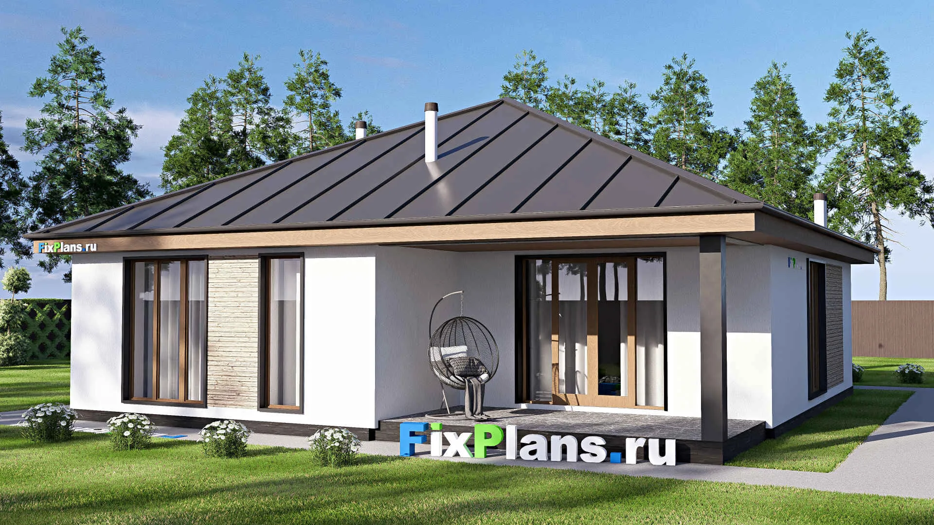 F-20267 - План одноэтажного дома 13 на 13, площадью 130 м² с террасой и 3 спальнями