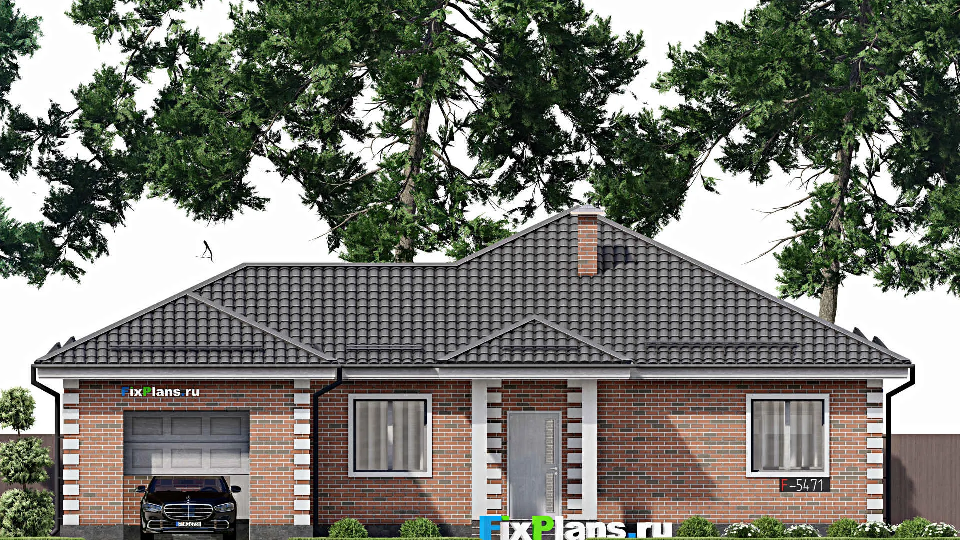 F-5471 - Проект одноэтажного дома 16 на 17, площадью 300 м² с террасой, цокольным этажом, гаражом на 2 машины и 3 спальнями