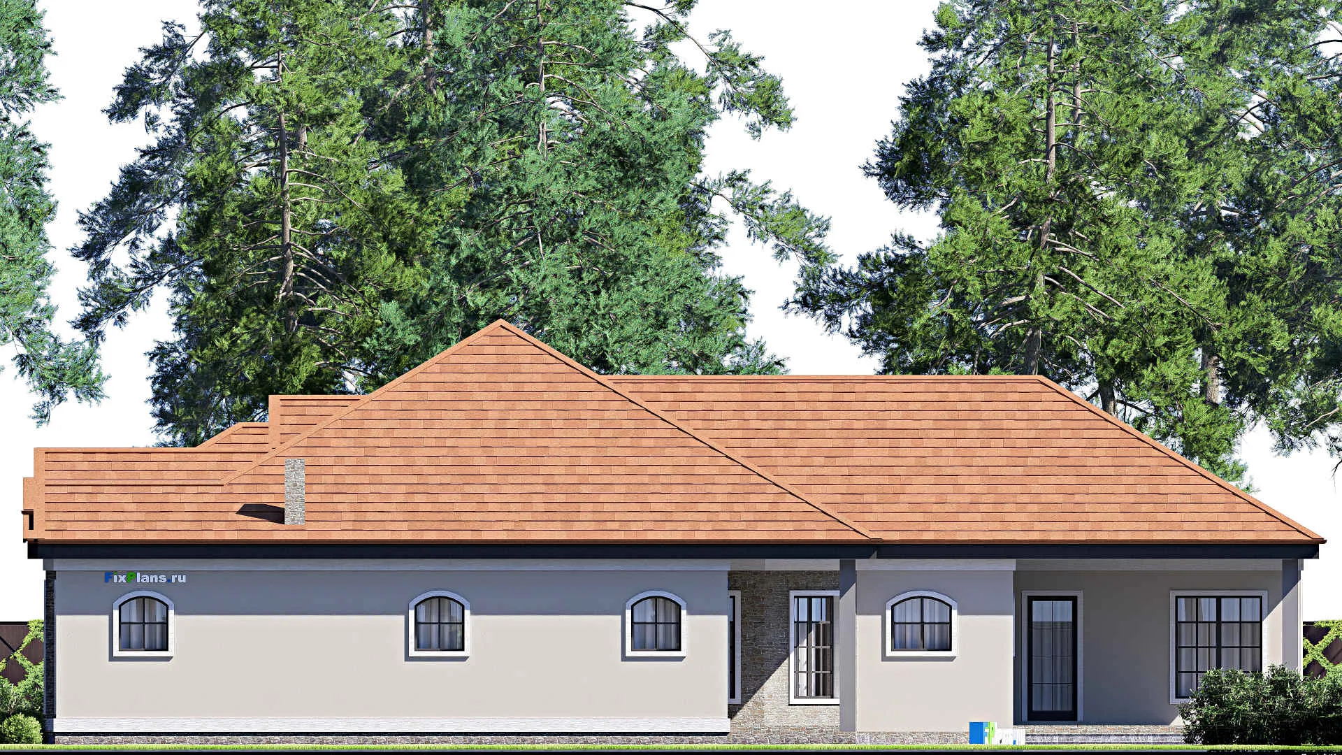 F-17279 - Проект одноэтажного дома 20 на 24, площадью 310 м² с террасой, гаражом на 2 машины и 4 спальнями