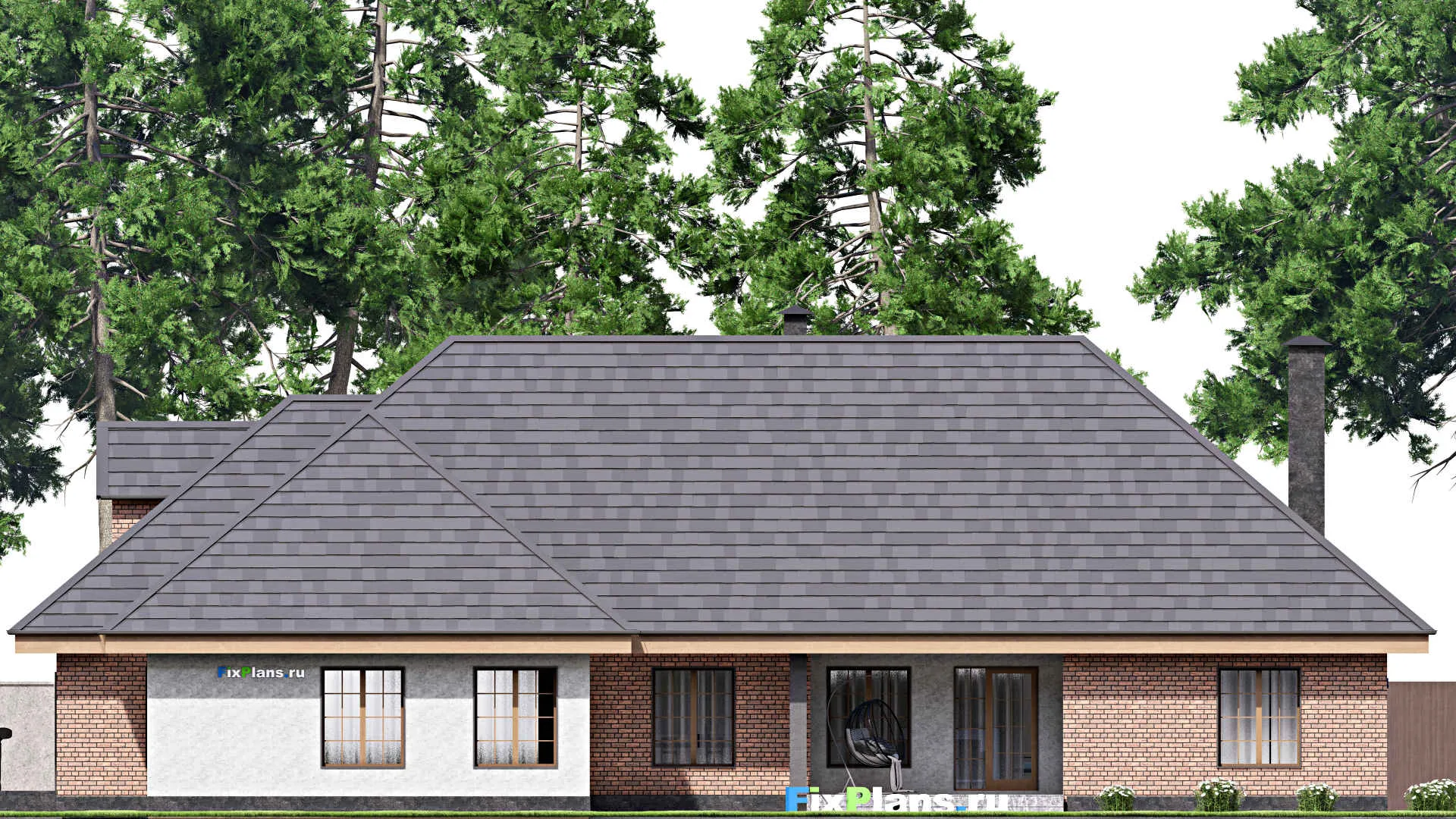 F-16910 - Проект одноэтажного дома 18 на 24, площадью 290 м² с террасой, гаражом на 2 машины и 4 спальнями