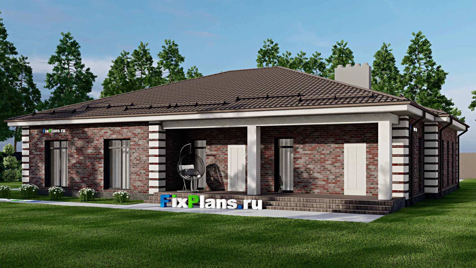 F-2384 - Проект одноэтажного дома 16 на 20, площадью 250 м² с террасой, гаражом на 2 машины и 3 спальнями