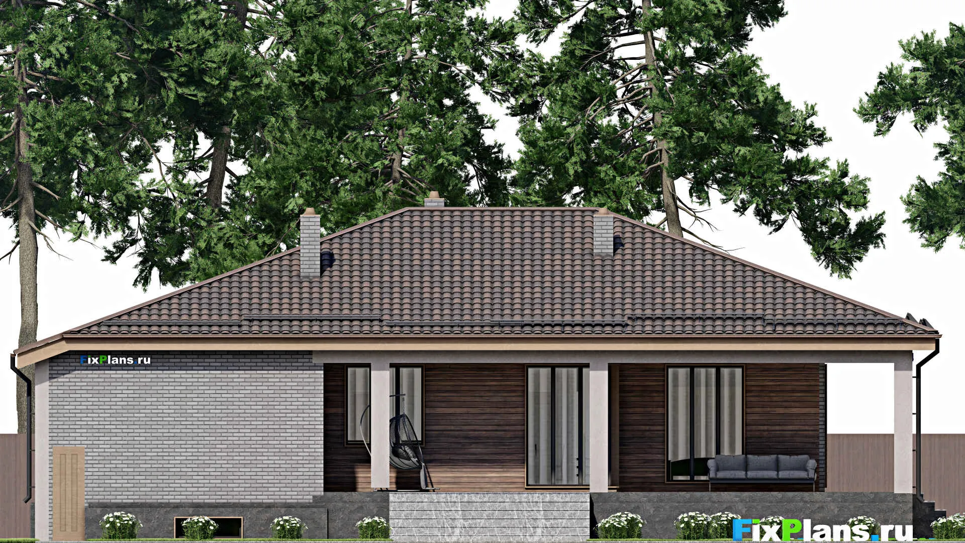 F-8243 - План одноэтажного дома 14 на 20, площадью 290 м² с террасой, цокольным этажом, гаражом на 1 машину и 3 спальнями