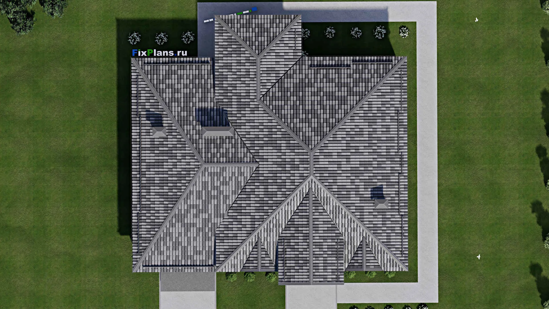 F-9512 - Проект одноэтажного дома 19 на 20, площадью 240 м² с террасой, гаражом на 2 машины и 4 спальнями