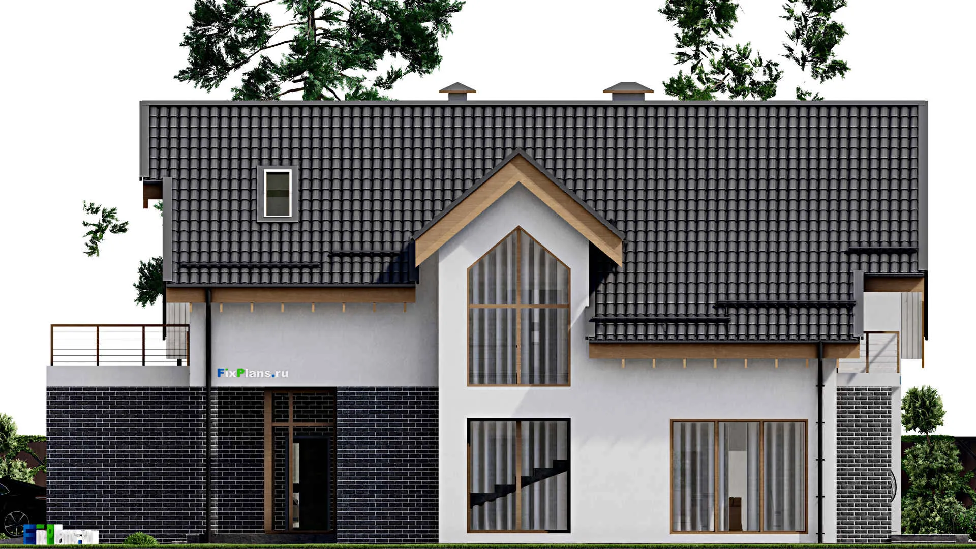 F-2924 - Планы дома с мансардой 11 на 19, площадью 240 м² с террасой, балконом, гаражом на 1 машину и 3 спальнями