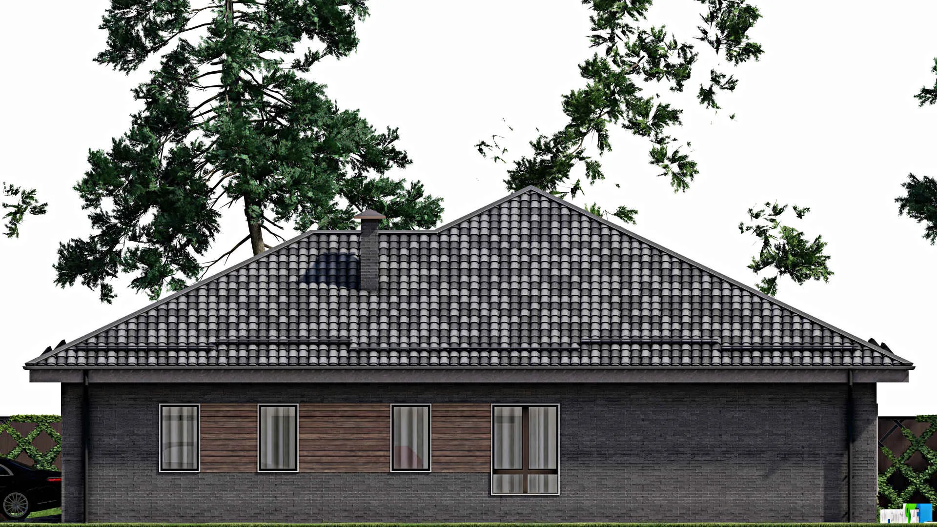 F-6344 - План одноэтажного дома 16 на 18, площадью 210 м² с террасой, гаражом на 2 машины и 3 спальнями