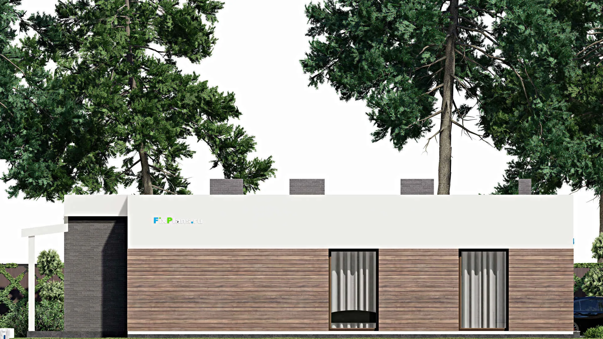 F-2888 - Проект одноэтажного дома 15 на 18, площадью 200 м² с террасой, гаражом на 1 машину и 3 спальнями