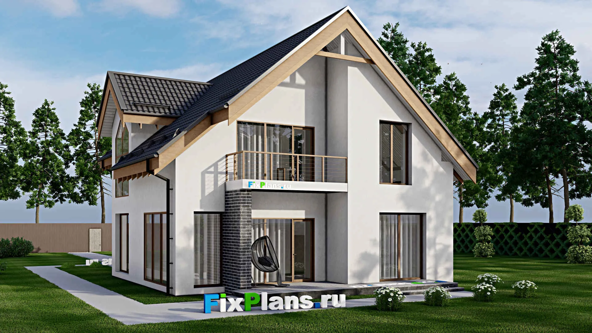 F-2924 - Планы дома с мансардой 11 на 19, площадью 240 м² с террасой, балконом, гаражом на 1 машину и 3 спальнями