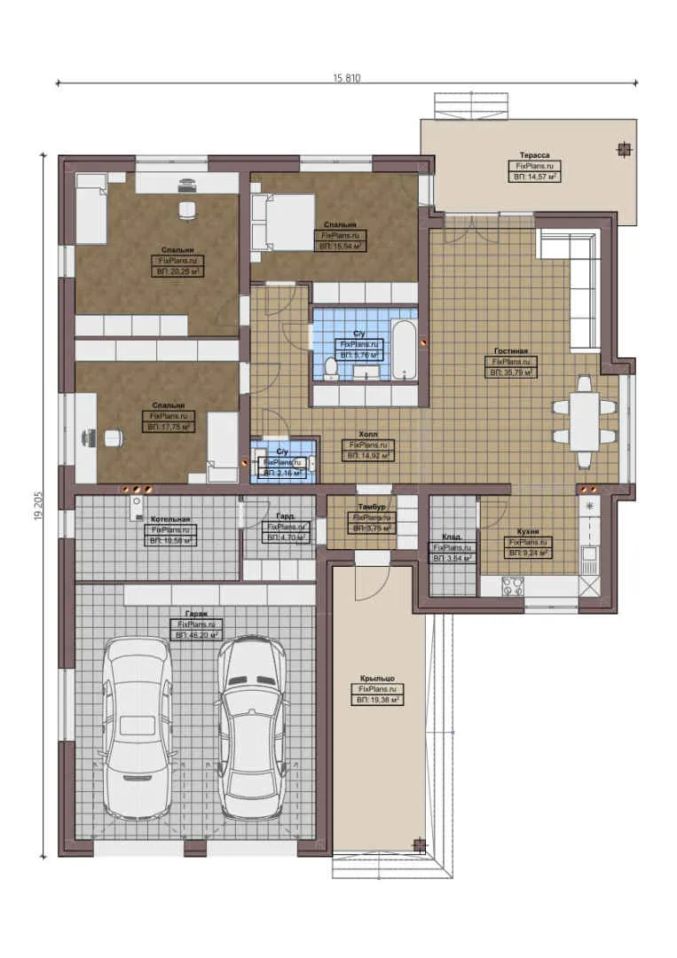 F-0458 - План одноэтажного дома 16 на 20, площадью 450 м² с террасой, гаражом на 2 машины и 6 спальнями