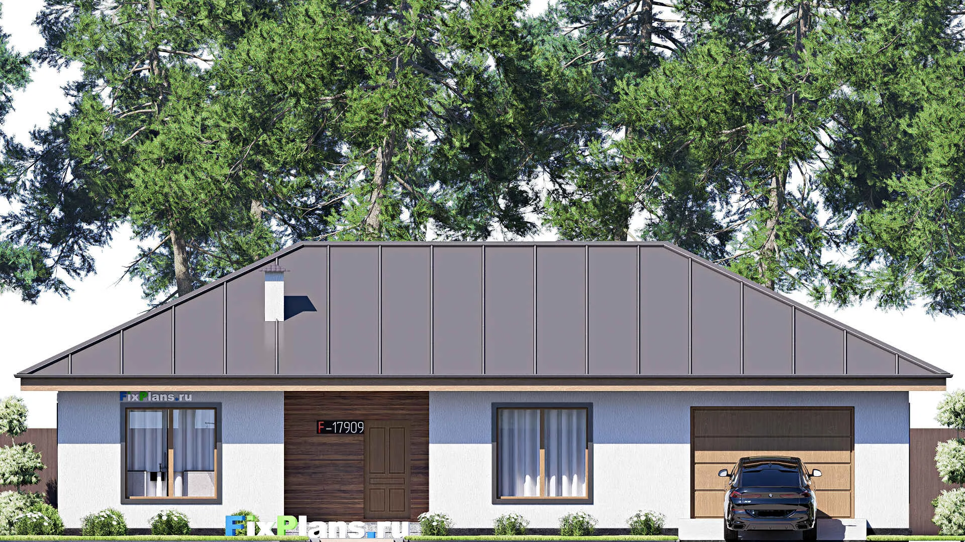 F-17909 - Проект одноэтажного дома 11 на 19, площадью 160 м² с террасой, гаражом на 2 машины и 3 спальнями
