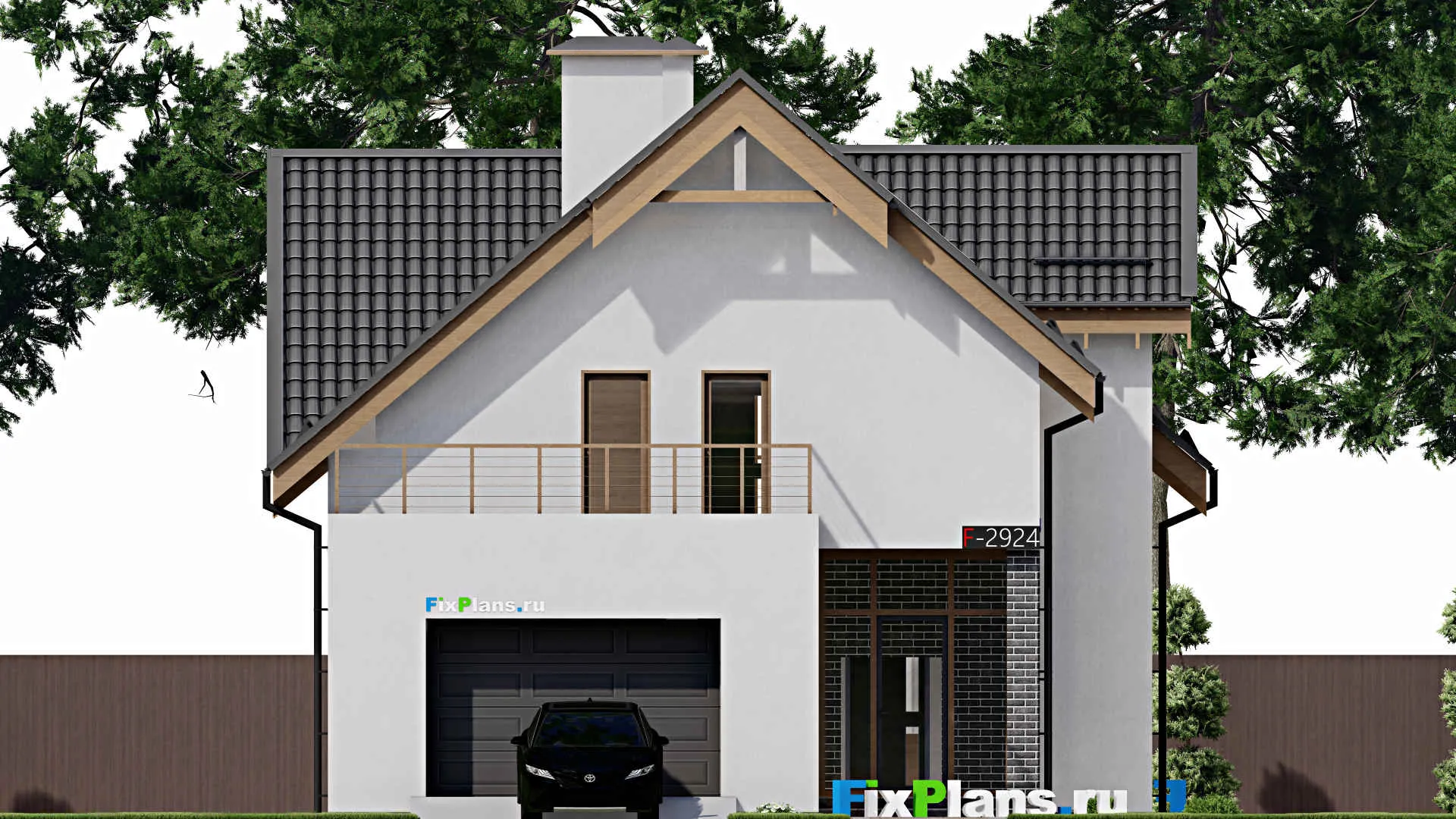 F-2924 - Планы дома с мансардой 11 на 19, площадью 240 м² с террасой, балконом, гаражом на 1 машину и 3 спальнями