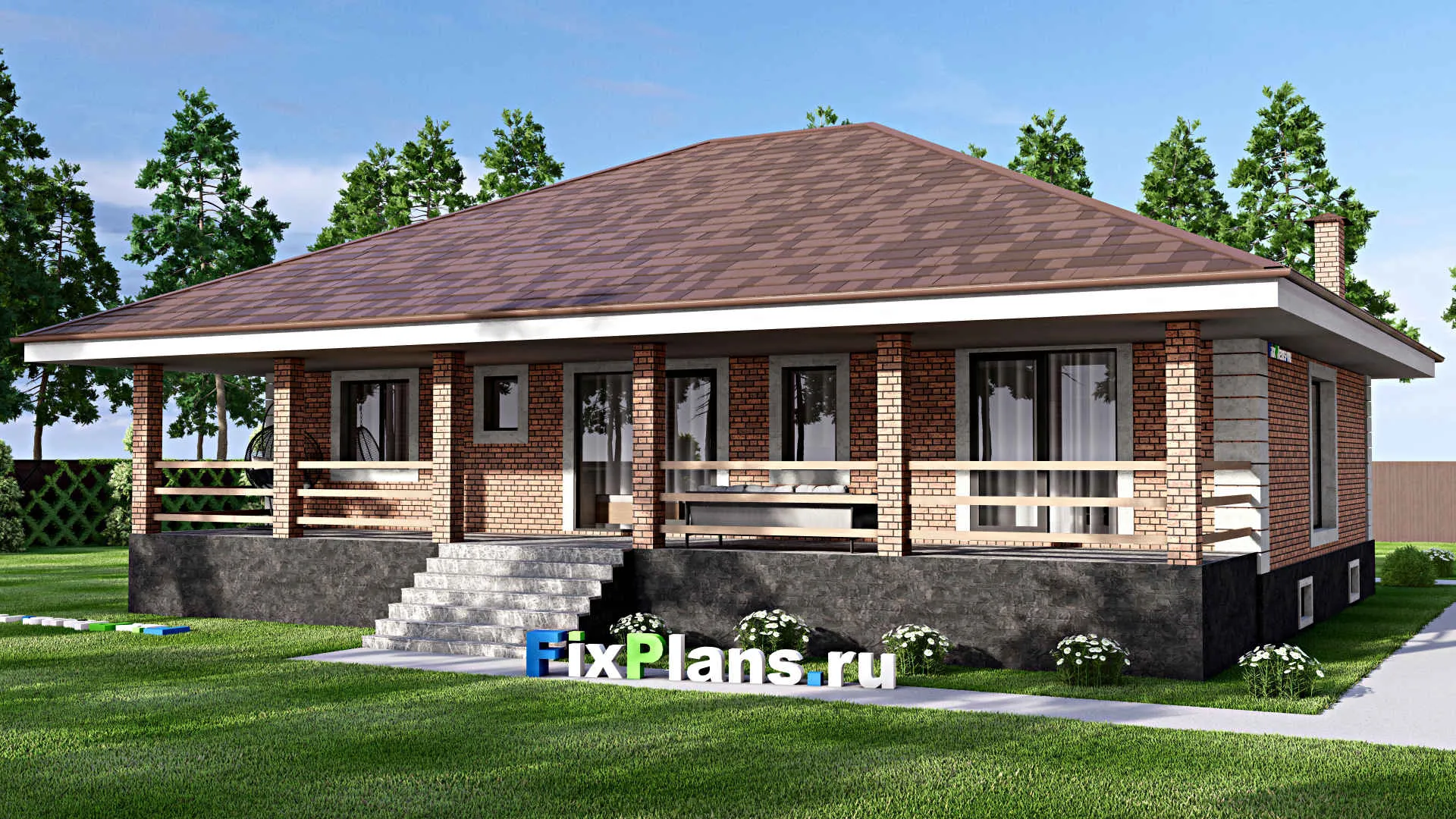 F-13868 - План одноэтажного дома 15 на 17, площадью 290 м² с террасой, цокольным этажом и 3 спальнями