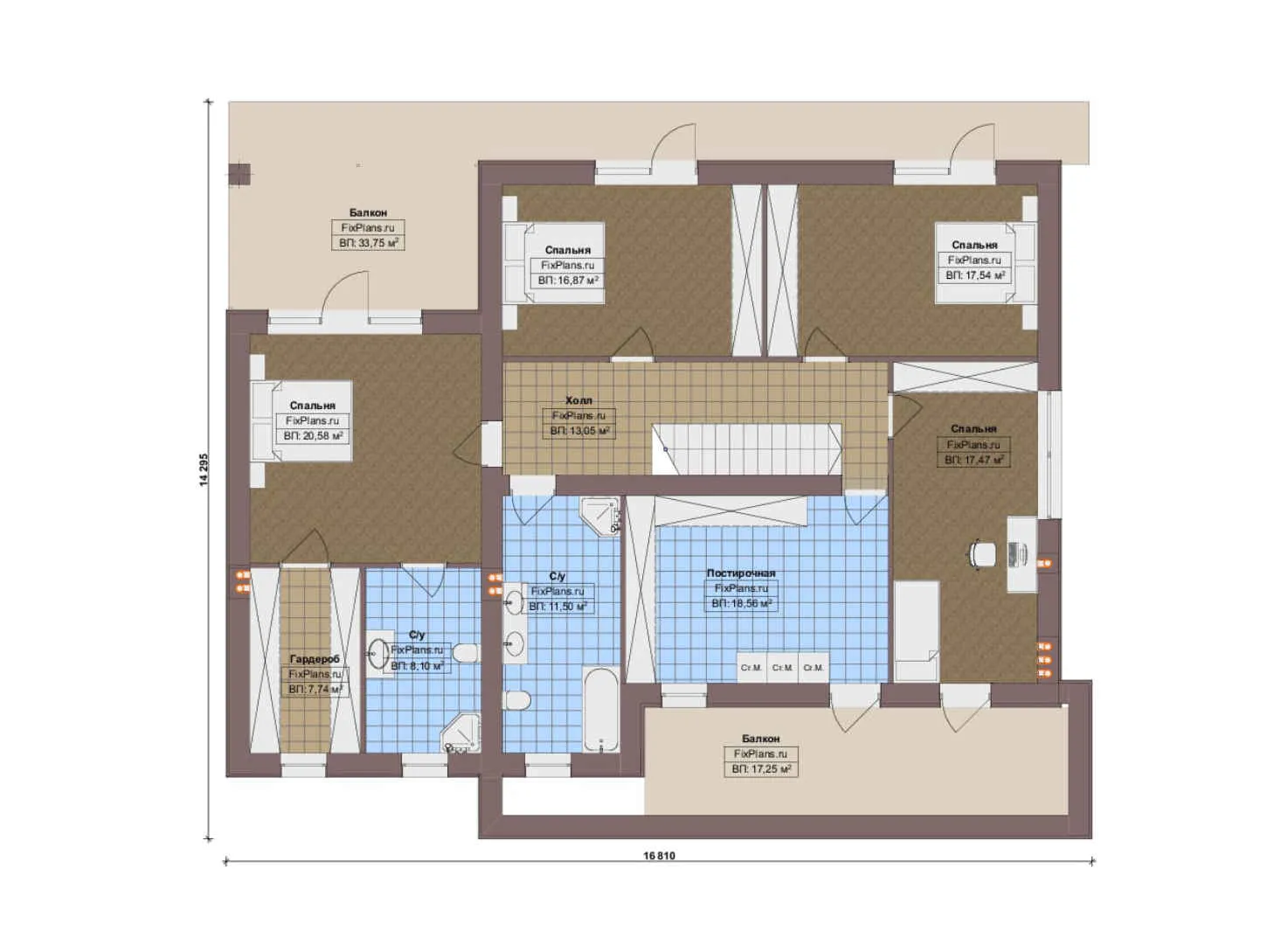 F-16604 - Планы двухэтажного дома 15 на 17, площадью 740 м² с террасой, балконом, гаражом на 2 машины и 5 спальнями