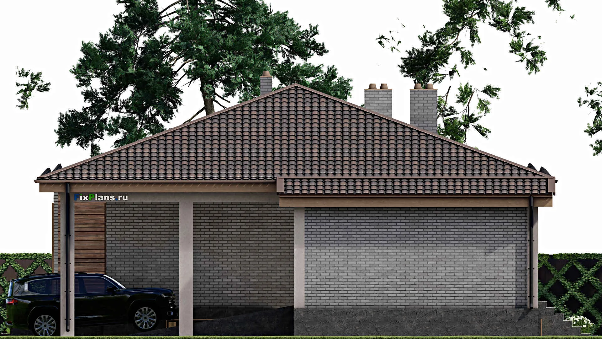 F-8243 - План одноэтажного дома 14 на 20, площадью 290 м² с террасой, цокольным этажом, гаражом на 1 машину и 3 спальнями