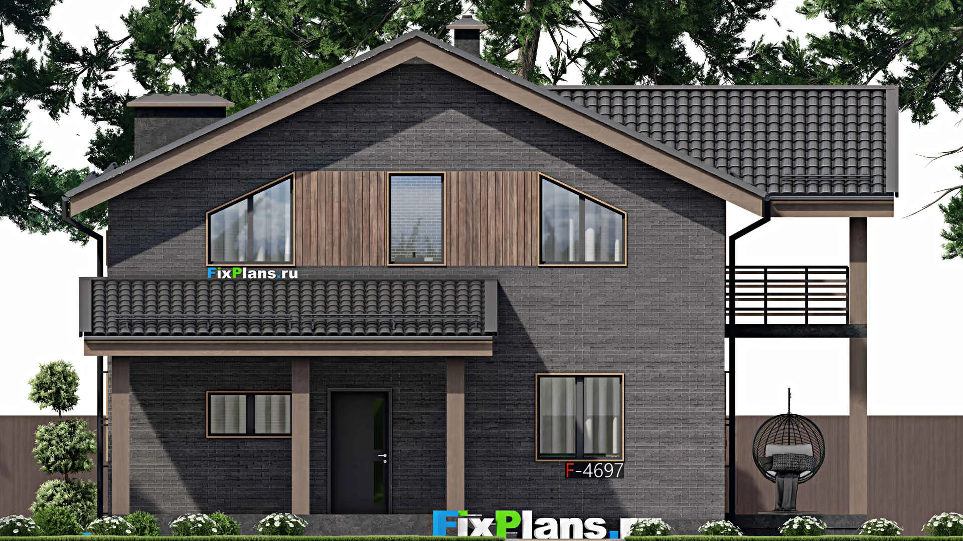 F-4697 - Проект дома с мансардой 11 на 11, площадью 210 м² с террасой, балконом и 4 спальнями