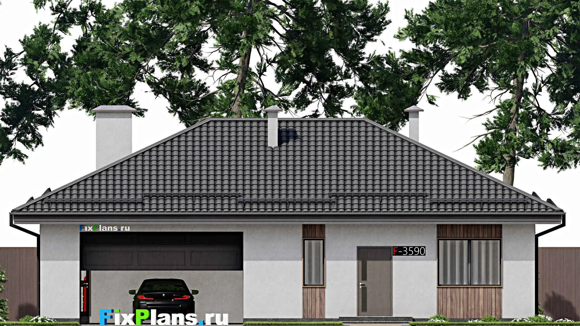 F-3590 - Проект одноэтажного дома 11 на 16, площадью 130 м² с гаражом на 2 машины и 2 спальнями