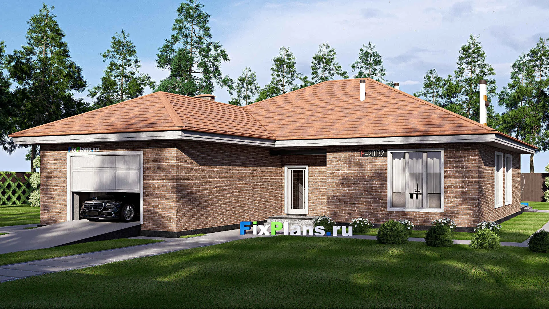 F-20132 - Проект одноэтажного дома 16 на 24, площадью 230 м² с террасой, гаражом на 1 машину и 3 спальнями