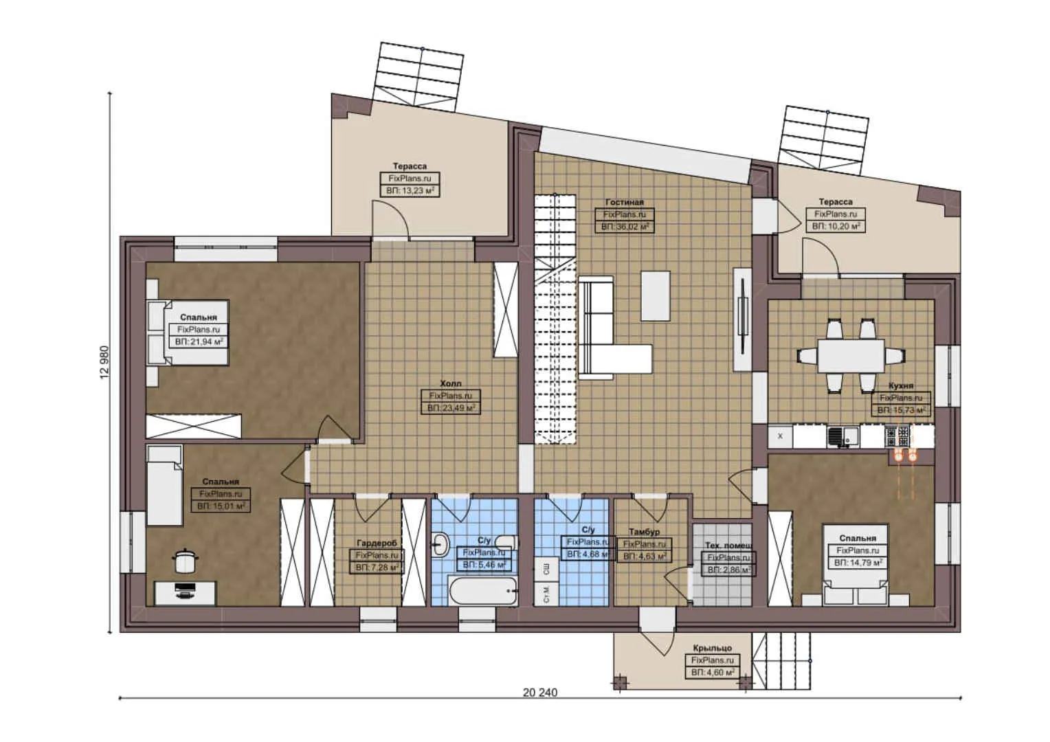 F-4814 - Планы дома с мансардой 13 на 21, площадью 210 м² с террасой и 4 спальнями