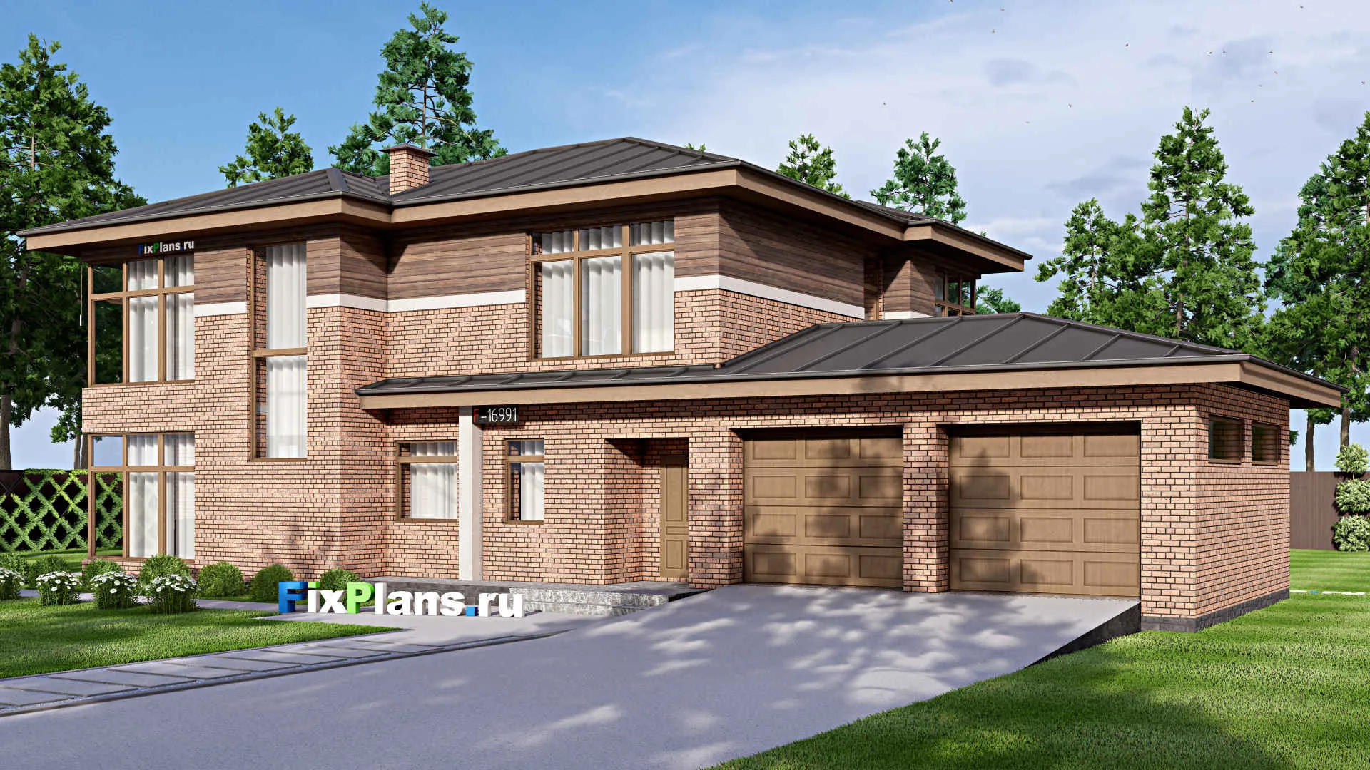 F-16991 - Проект двухэтажного дома 13 на 24, площадью 300 м² с террасой, гаражом на 2 машины и 3 спальнями