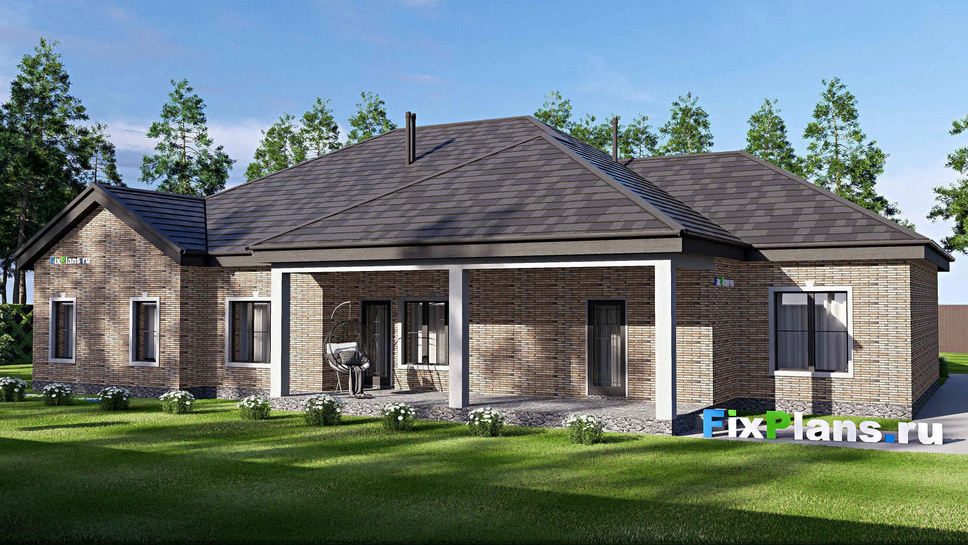 F-20663 - Проект одноэтажного дома 20 на 22, площадью 270 м² с террасой, гаражом на 2 машины и 4 спальнями