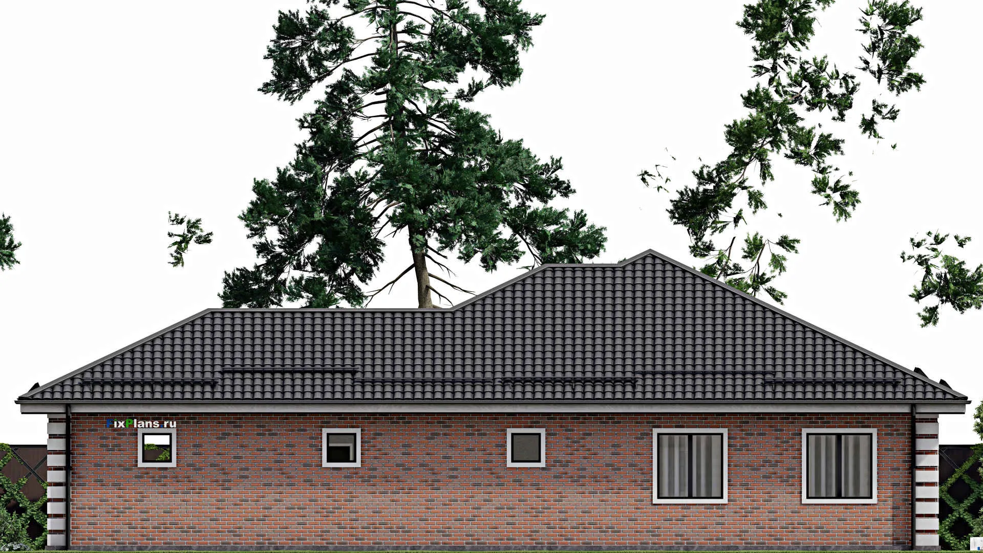 F-3365 - Проект одноэтажного дома 17 на 20, площадью 230 м² с террасой, гаражом на 2 машины и 3 спальнями