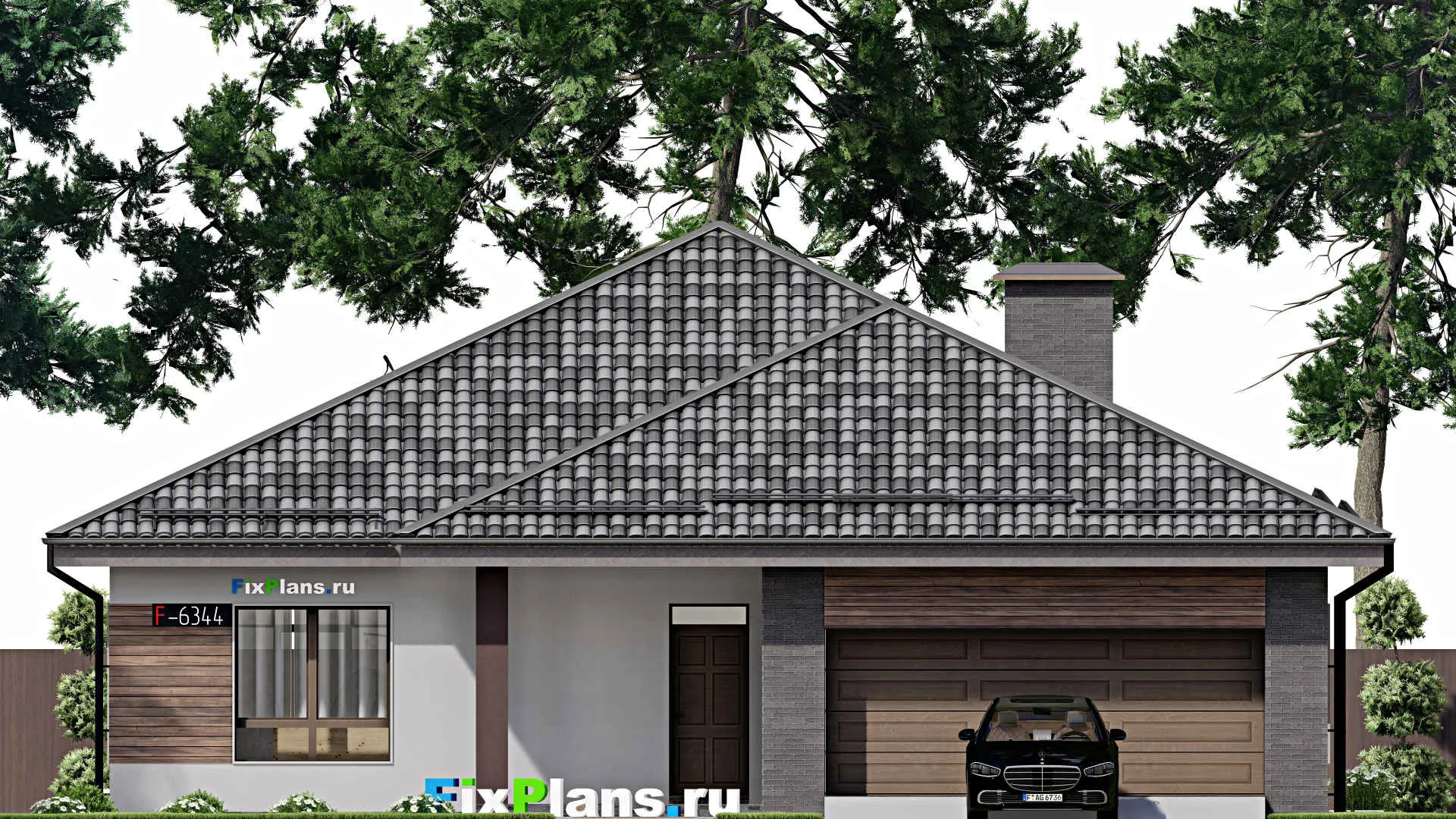 F-6344 - План одноэтажного дома 16 на 18, площадью 210 м² с террасой, гаражом на 2 машины и 3 спальнями