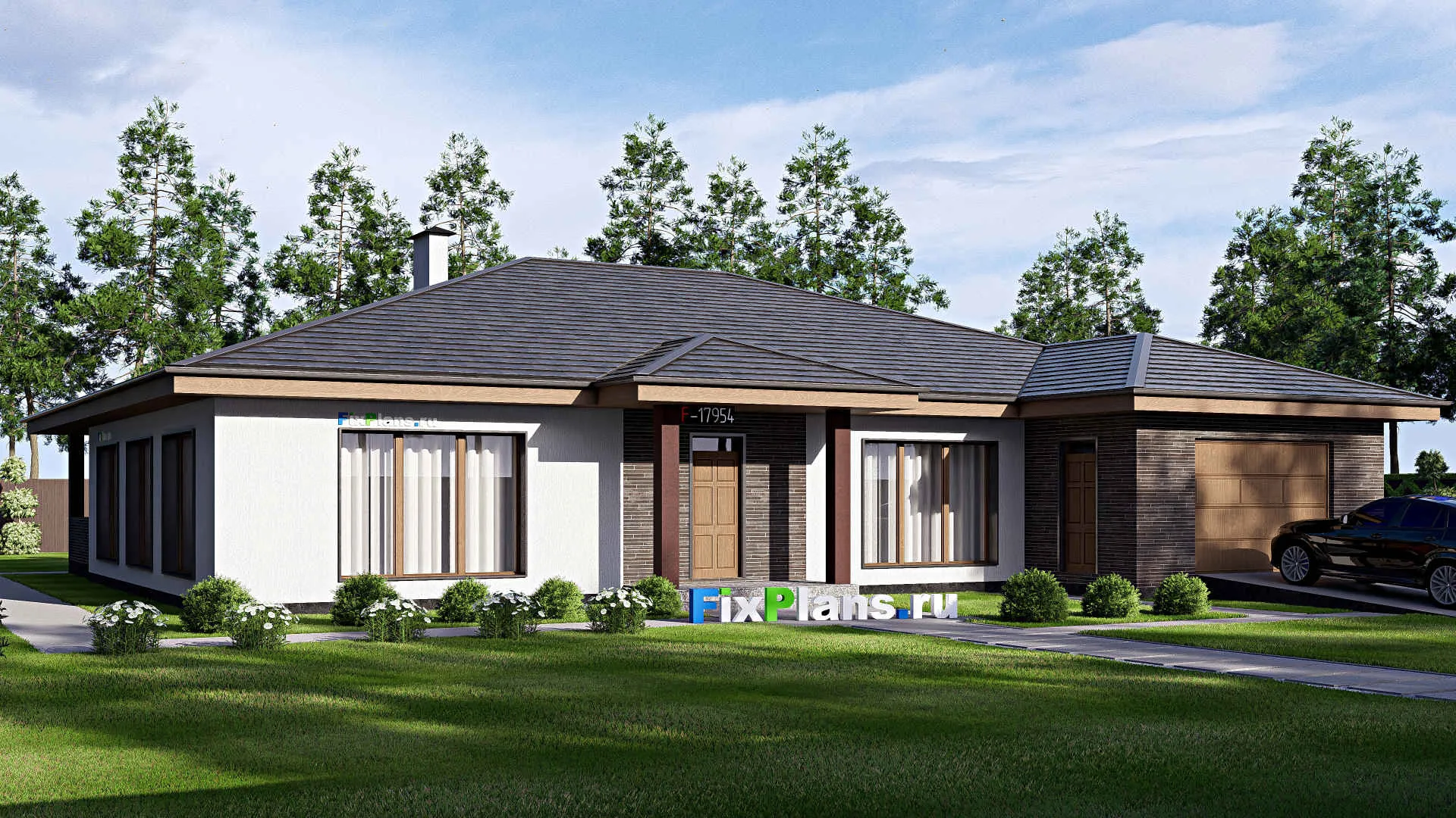 F-17954 - Проект одноэтажного дома 20 на 21, площадью 320 м² с террасой, гаражом на 2 машины и 2 спальнями