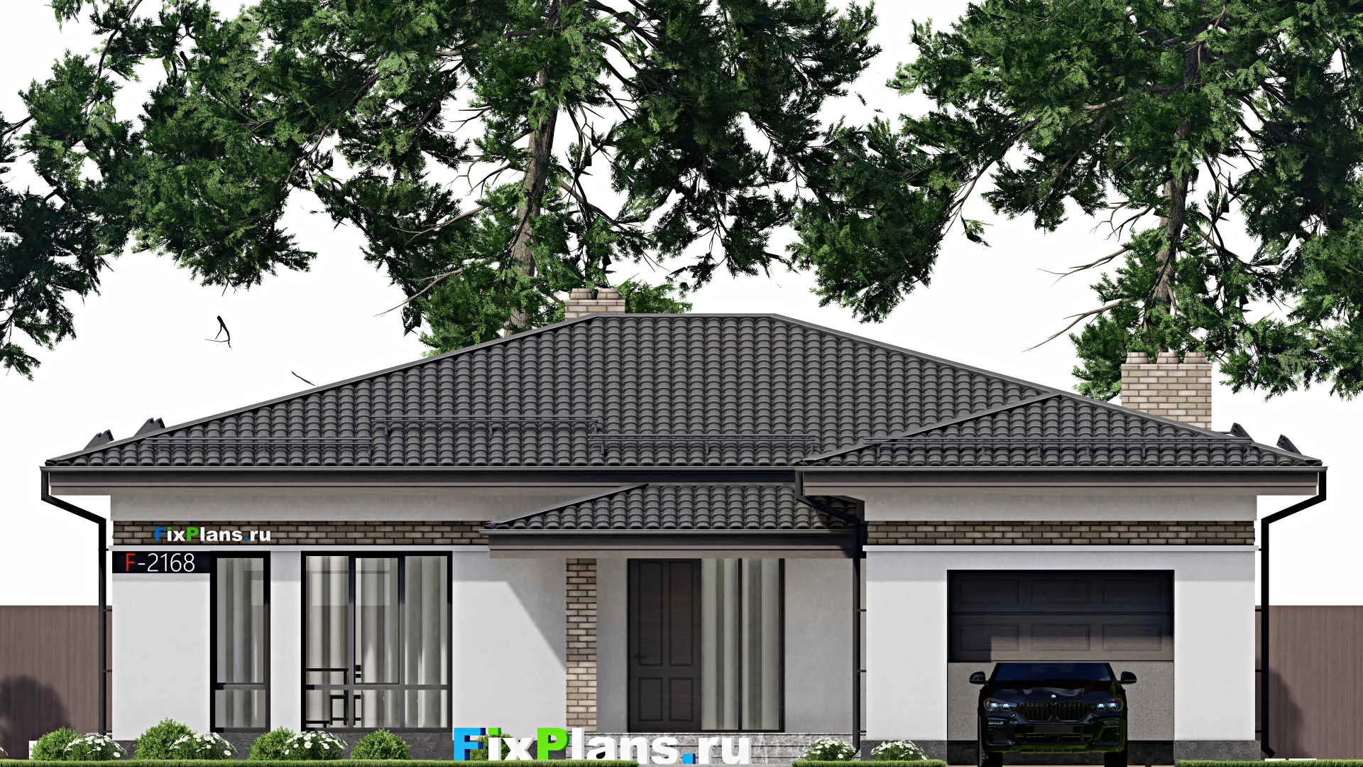 F-2168 - План одноэтажного дома 16 на 18, площадью 180 м² с террасой, баней, гаражом на 1 машину и 2 спальнями